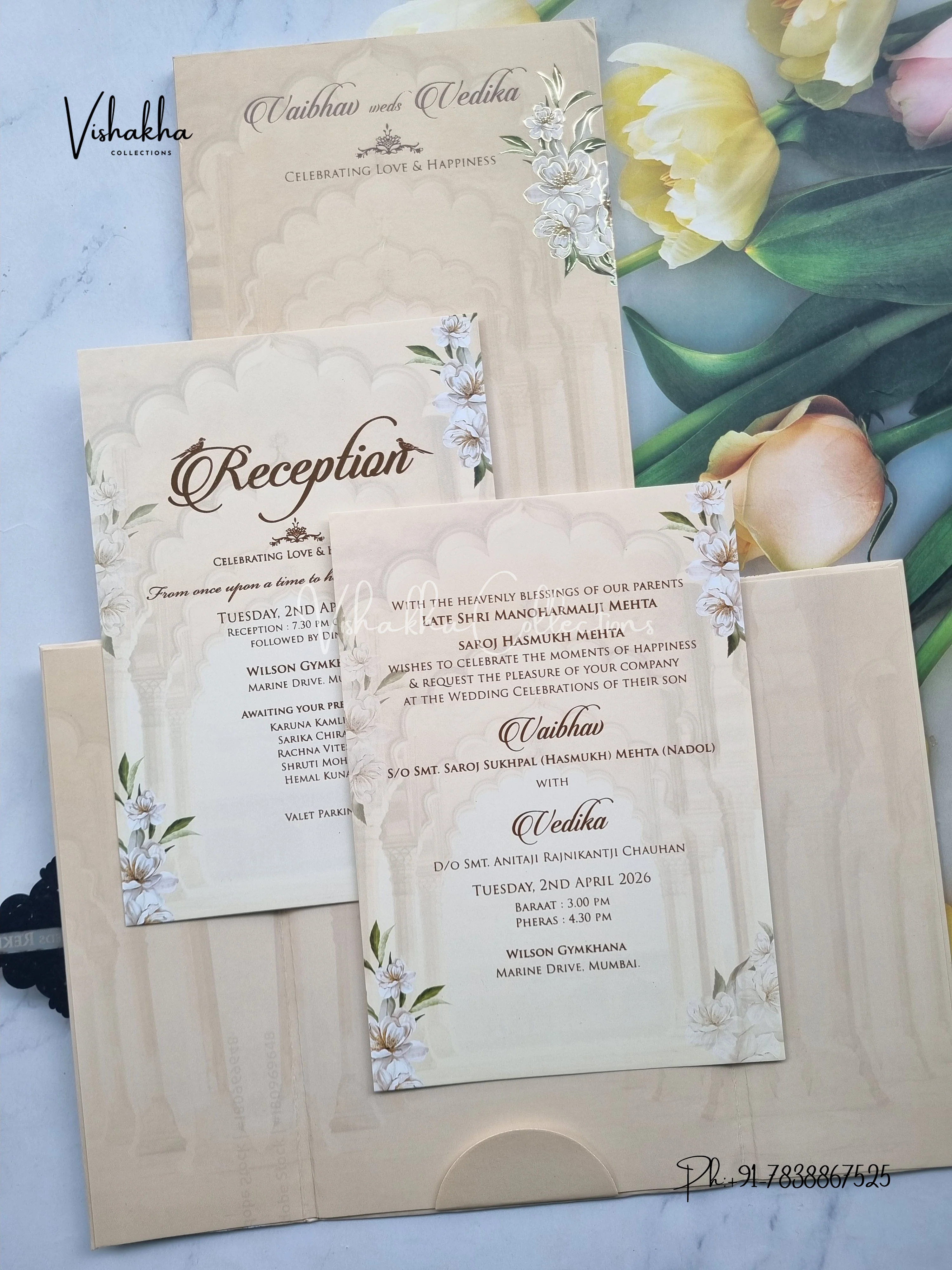 Semi Box Flower Hindu Muslim Christian Sikh biege Colored invitation Cards SK-3373 - Image 3