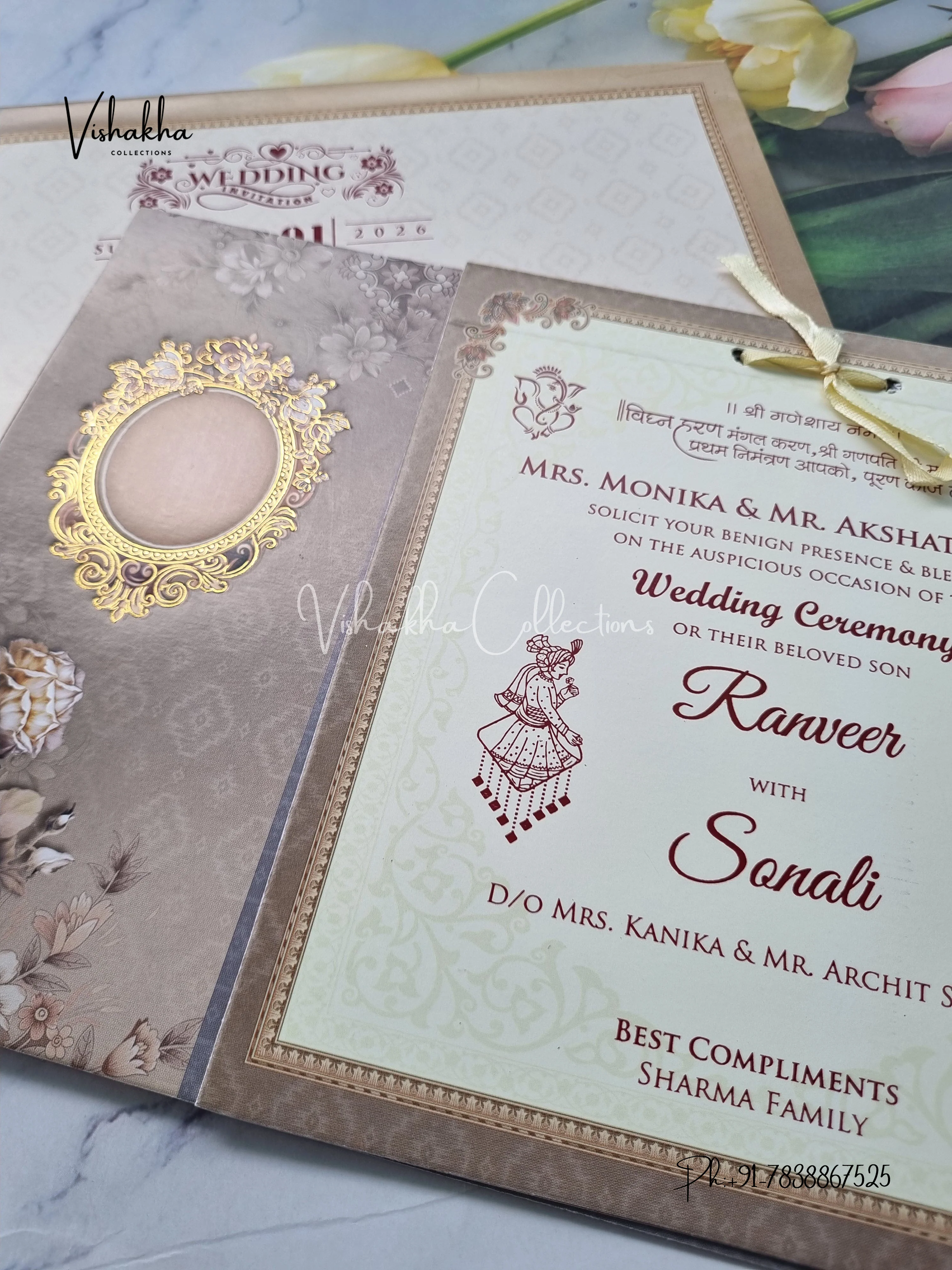 Semi Box Flower Hindu Muslim Christian Sikh Greyish Yellow Colored invitation Cards NA-1125-80 - Image 2