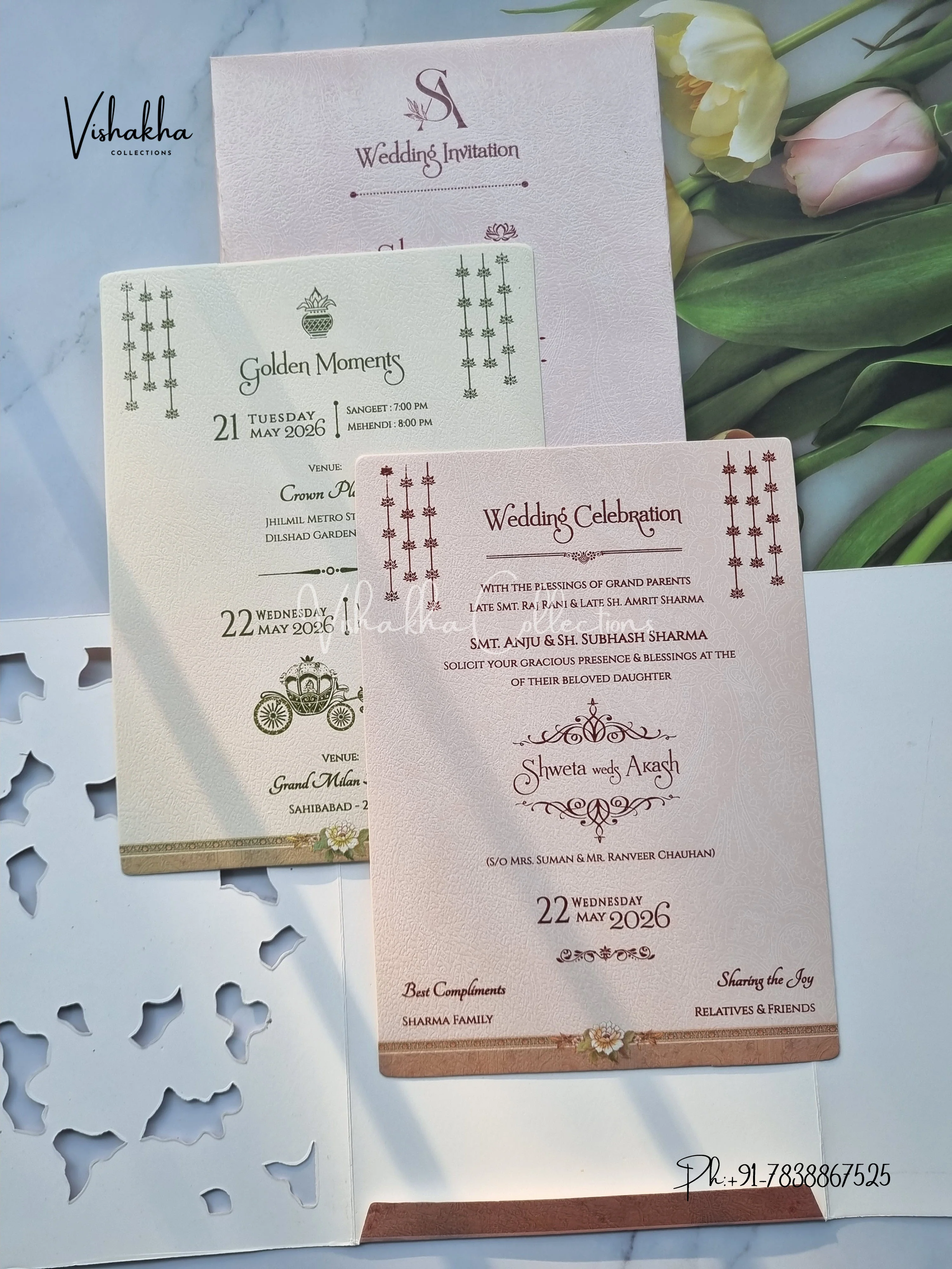 Semi Box Flower Hindu Muslim Christian Sikh invitation Cards CR-7049 - Image 3