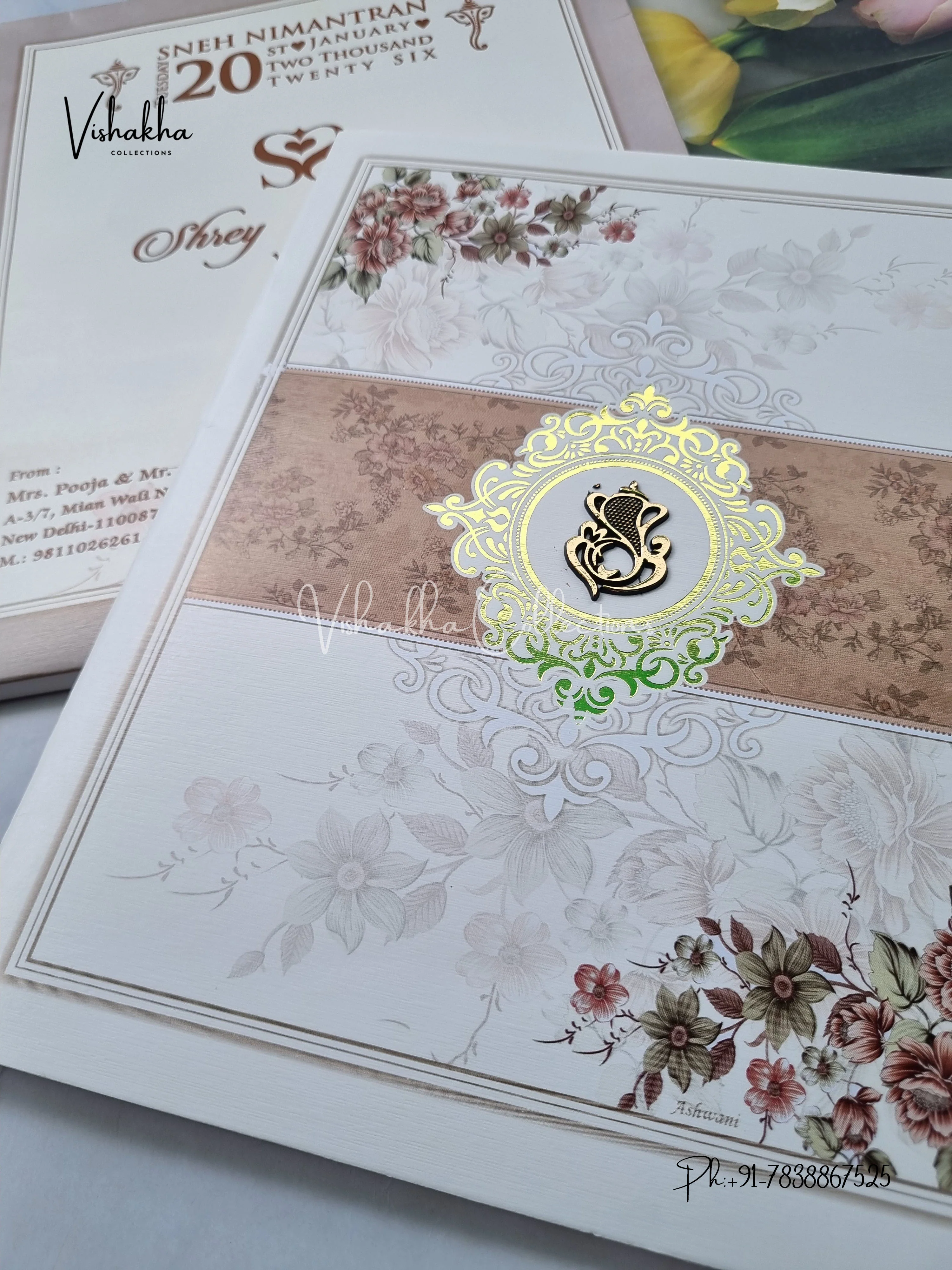 Semi Box Flower Hindu Muslim Christian Sikh Light Brown Colored invitation Cards NA-1125-148 - Image 2