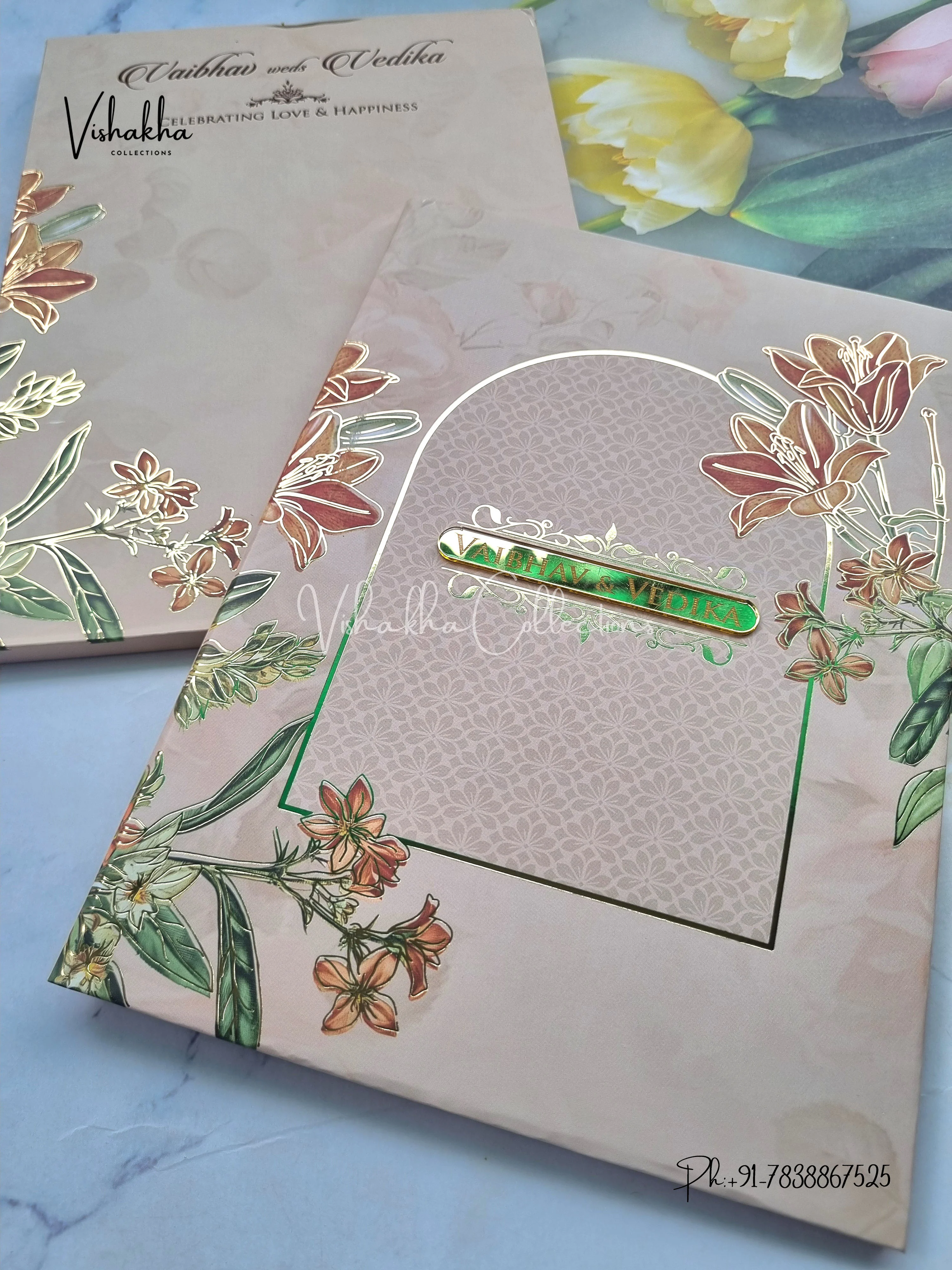 Semi Box Flower Hindu Muslim Christian Sikh light brown Colored invitation Cards SK-3520 - Image 2