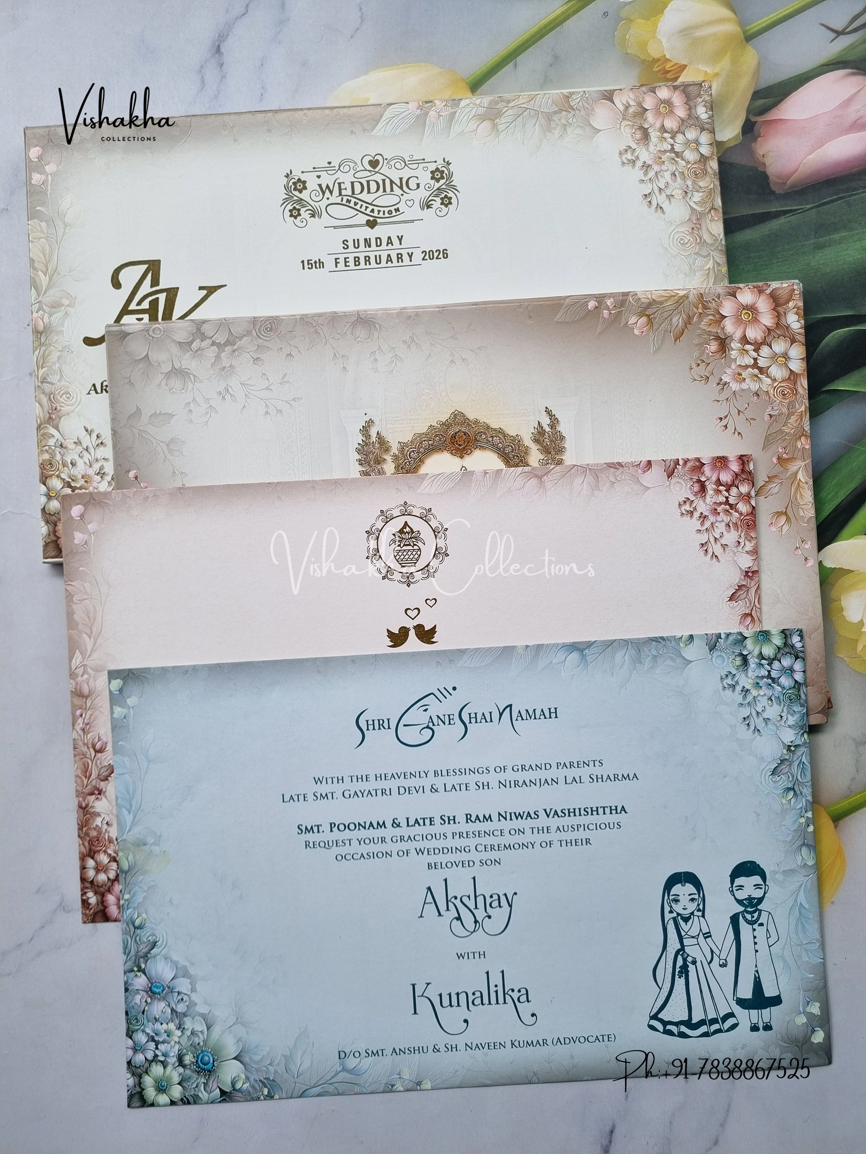 Semi Box Flower Hindu Muslim Christian Sikh Light Green Colored invitation Cards NA-1125-62 - Image 3