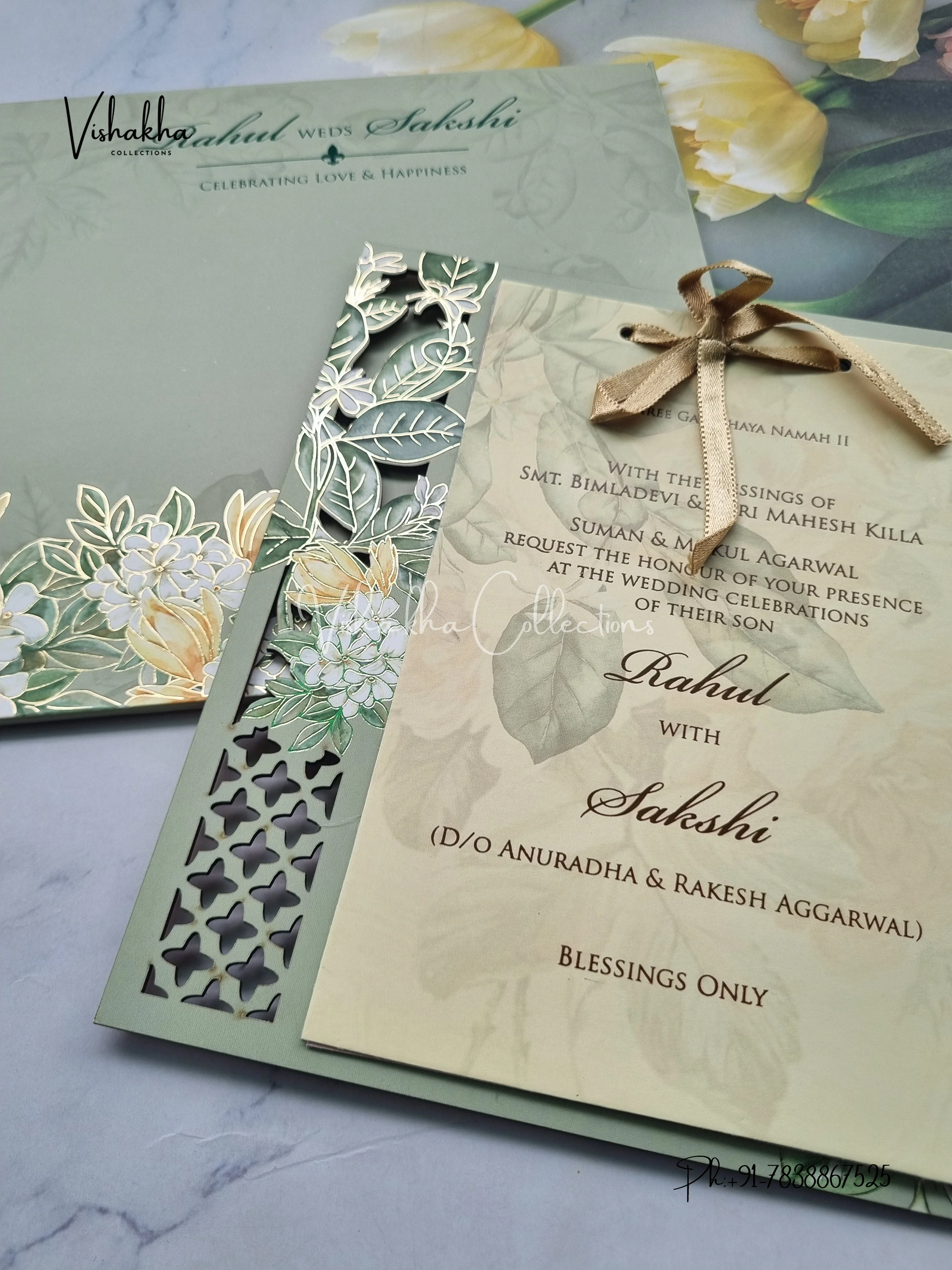 Semi Box Flower Hindu Muslim Christian Sikh MDF Board Laser Cut pista green Colored invitation Cards SK-3126 - Image 2