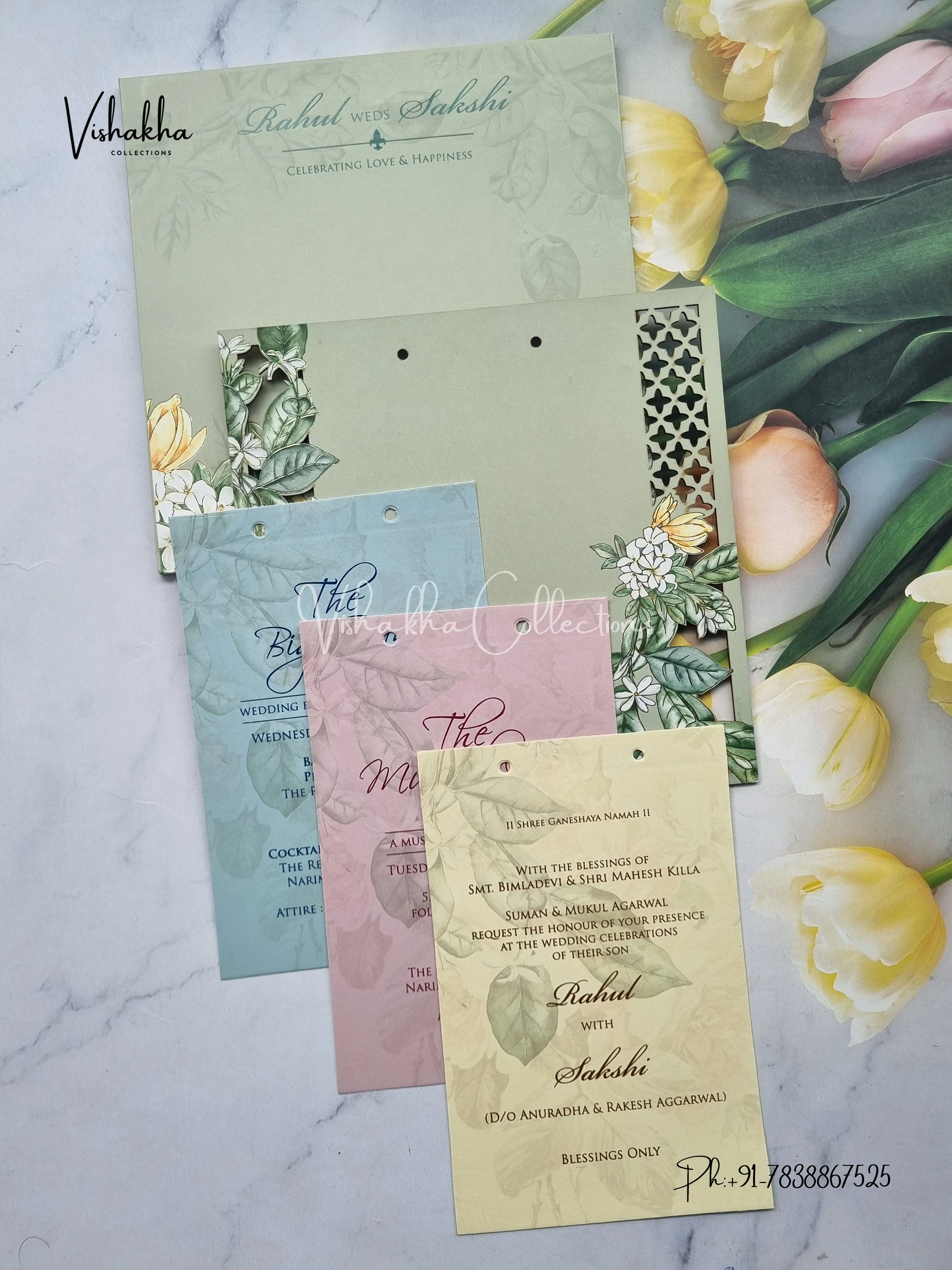 Semi Box Flower Hindu Muslim Christian Sikh MDF Board Laser Cut pista green Colored invitation Cards SK-3126 - Image 3