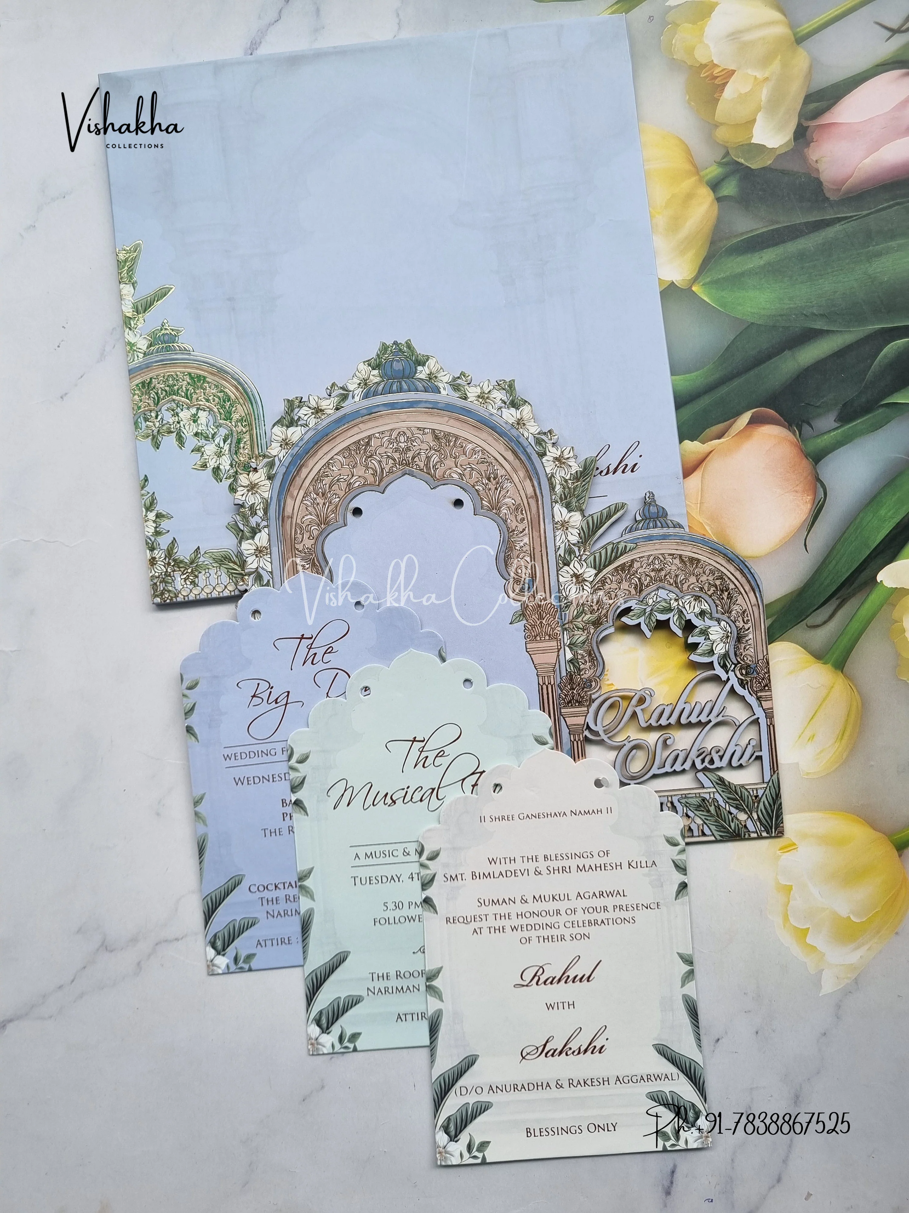 Semi Box Flower Hindu Muslim Christian Sikh Named MDF Laser Cut blue Colored invitation Cards SK-3477 - Image 3