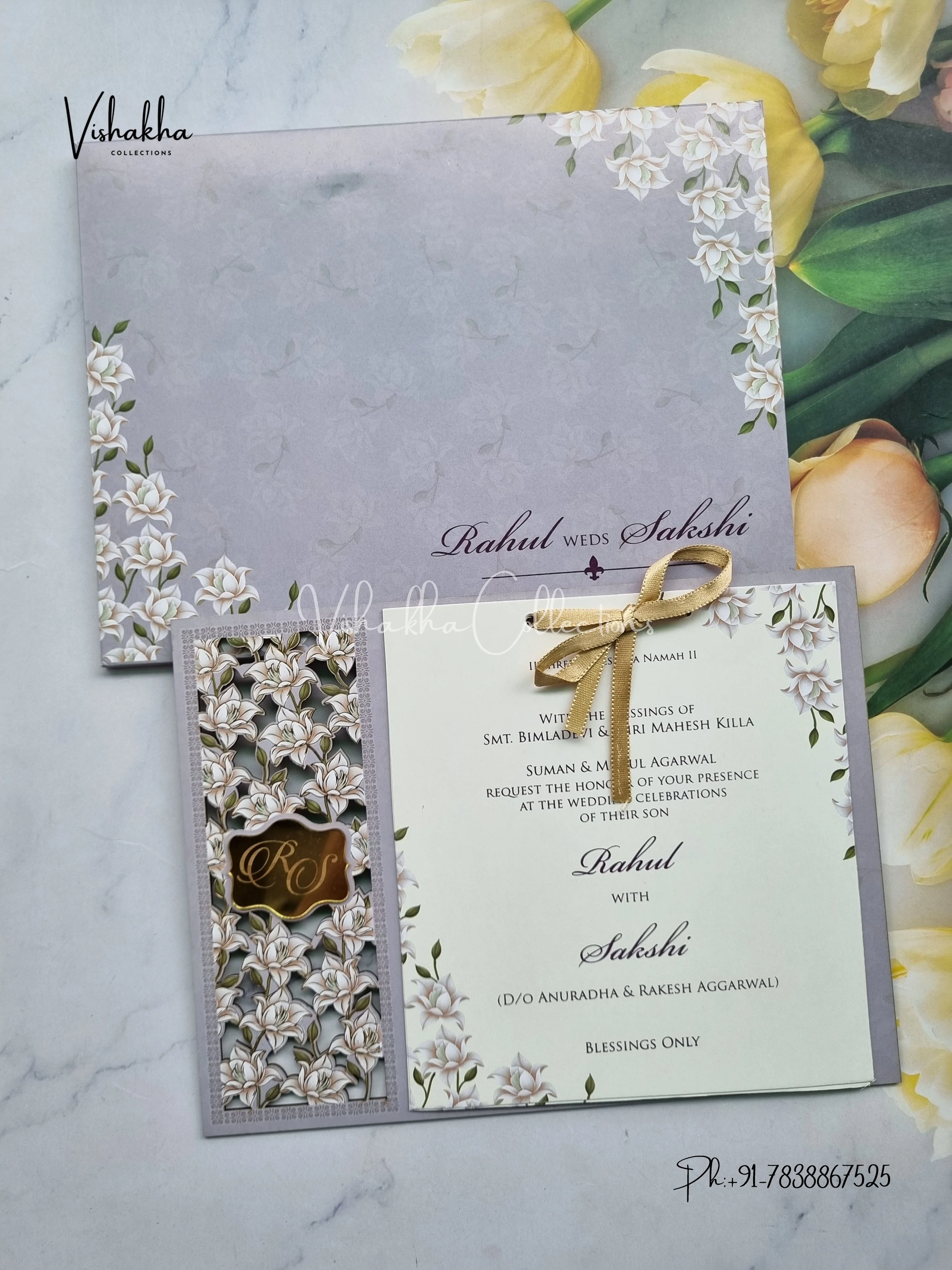 Semi Box Flower Hindu Muslim Christian Sikh Named MDF Laser Cut grey Colored invitation Cards SK-3482