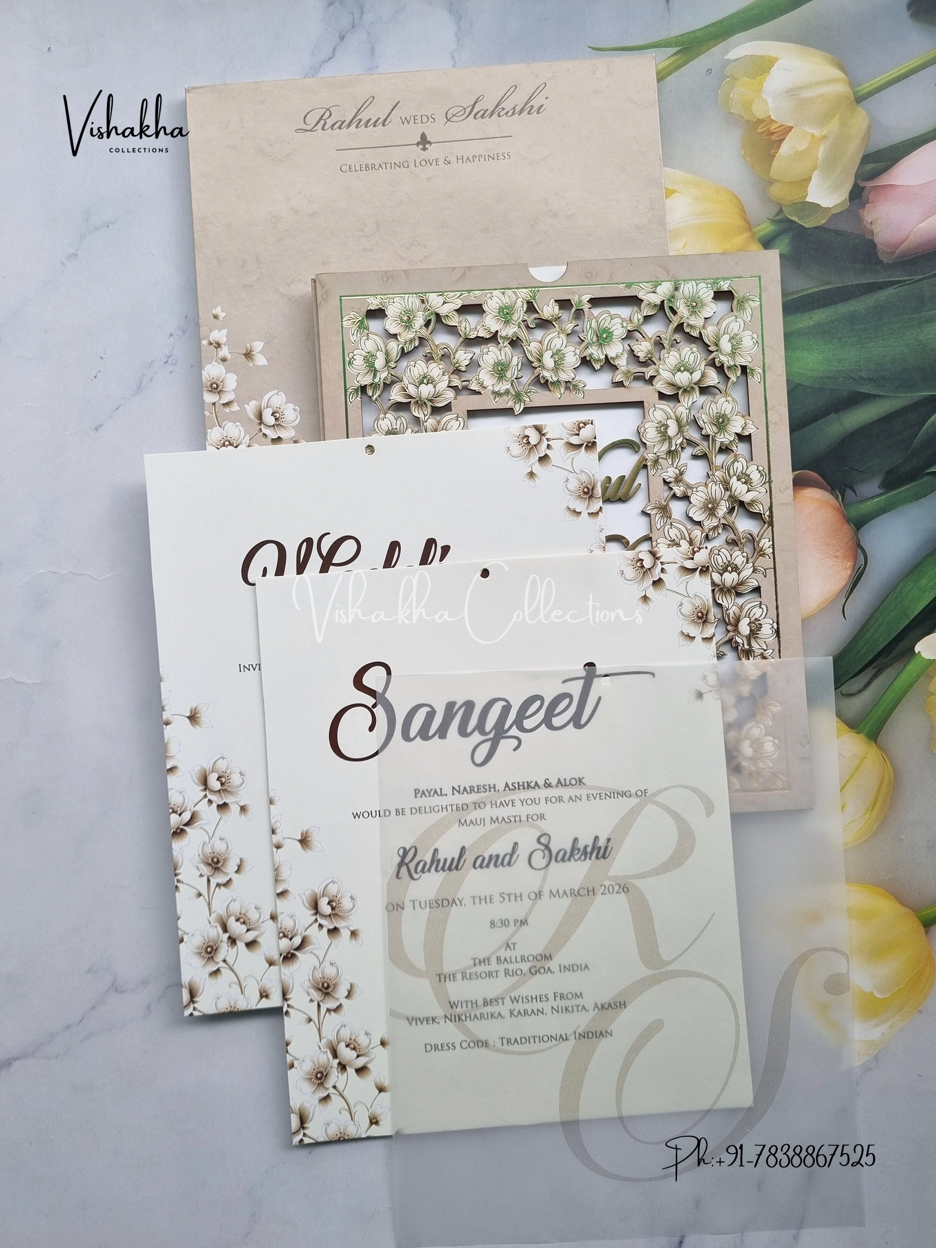 Semi Box Flower Hindu Muslim Christian Sikh Named MDF Laser Cut Vellum Paper grey Colored invitation Cards SK-3472 - Image 3