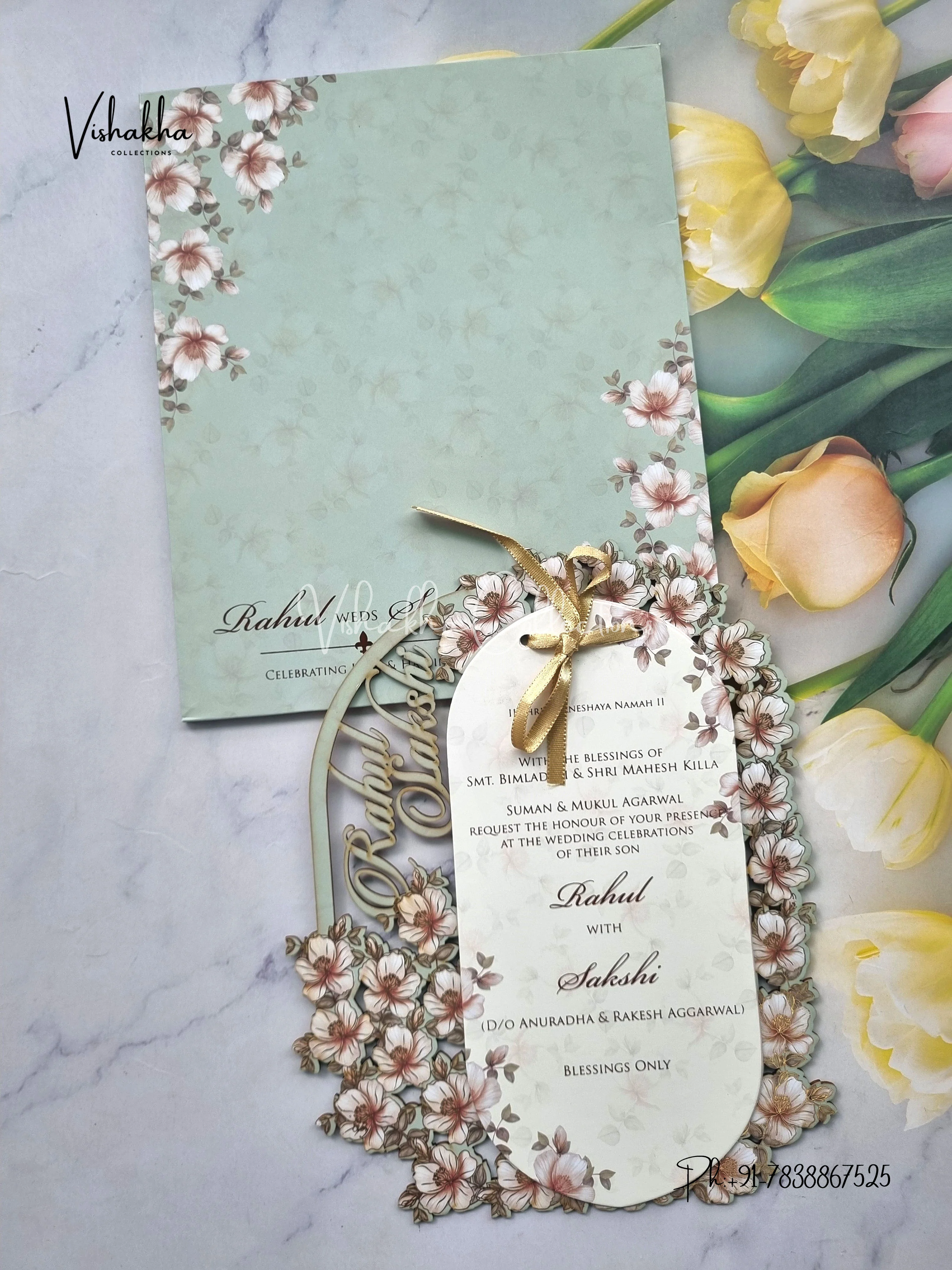 Semi Box Flower Hindu Muslim Christian Sikh Named MDF Laser Cut Vellum Paper light green Colored invitation Cards SK-3484