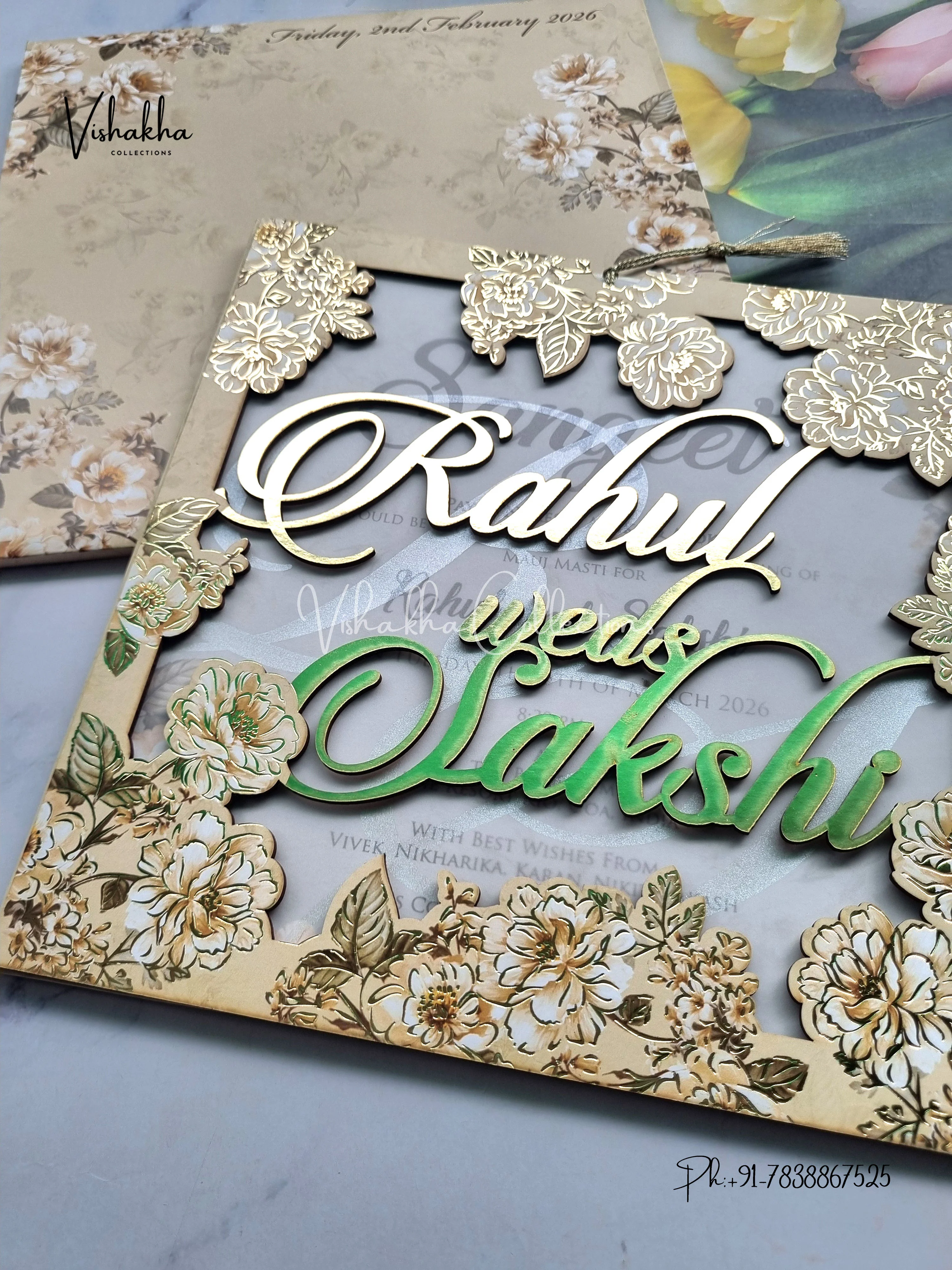 Semi Box Flower Hindu Muslim Christian Sikh Named MDF Laser Cut Vellum Paper muddy Colored invitation Cards SK-3293 - Image 2