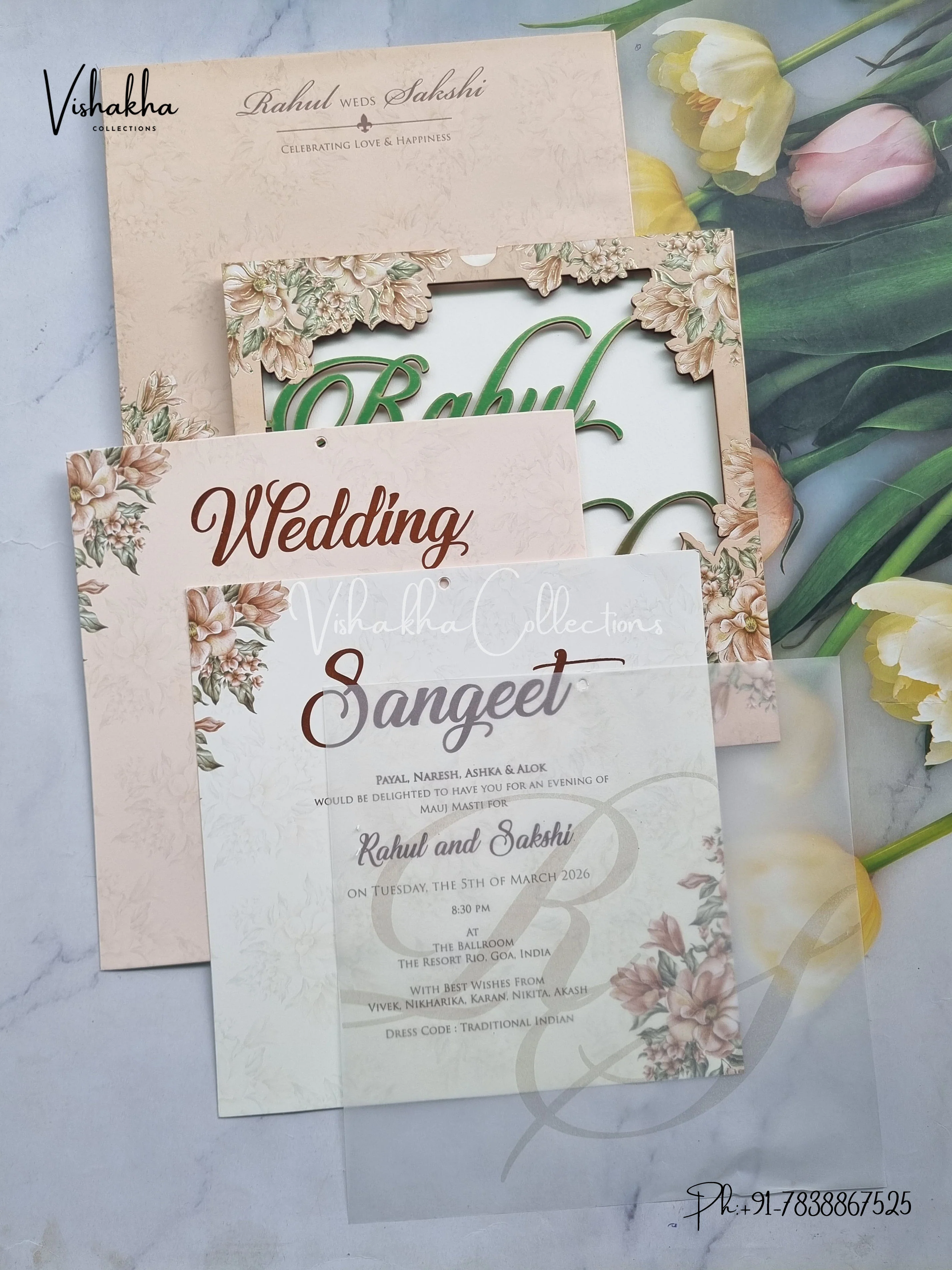 Semi Box Flower Hindu Muslim Christian Sikh Named MDF Laser Cut Vellum Paper muddy Colored invitation Cards SK-3367 - Image 3
