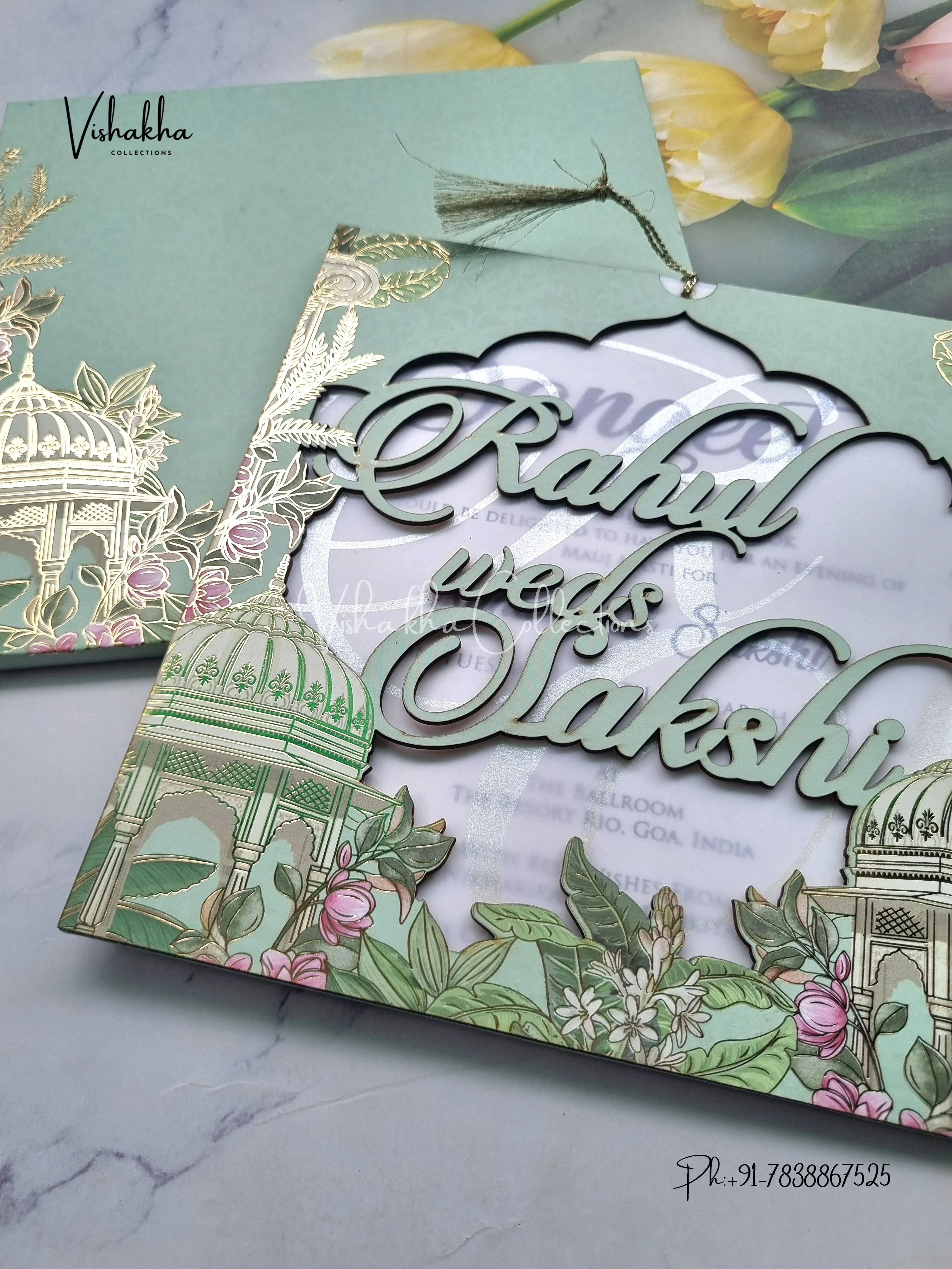 Semi Box Flower Hindu Muslim Christian Sikh Named MDF Laser Cut Vellum Paper pista green Colored invitation Cards SK-3479 - Image 2