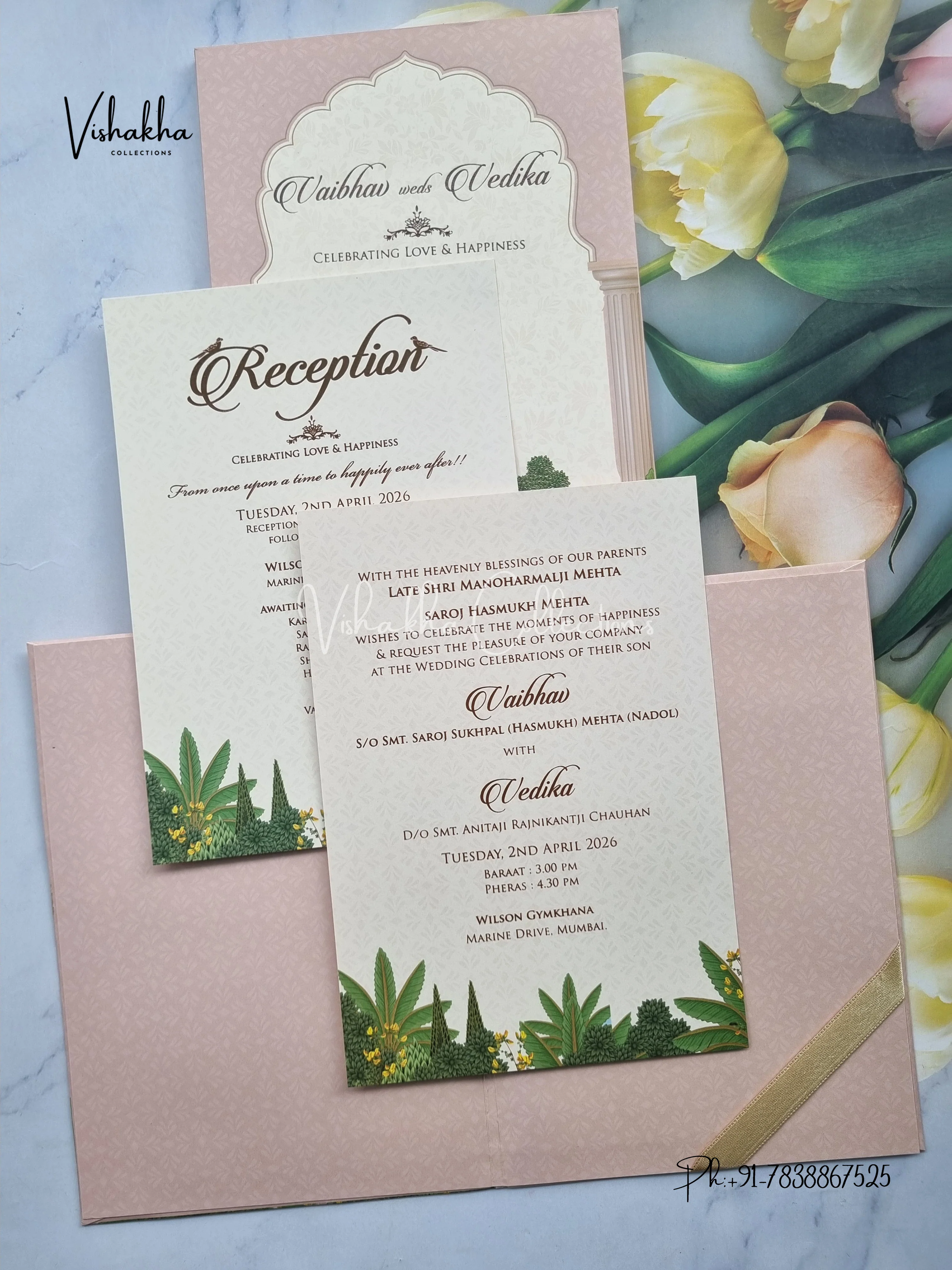 Semi Box Flower Hindu Muslim Christian Sikh peach Colored invitation Cards SK-3377 - Image 3