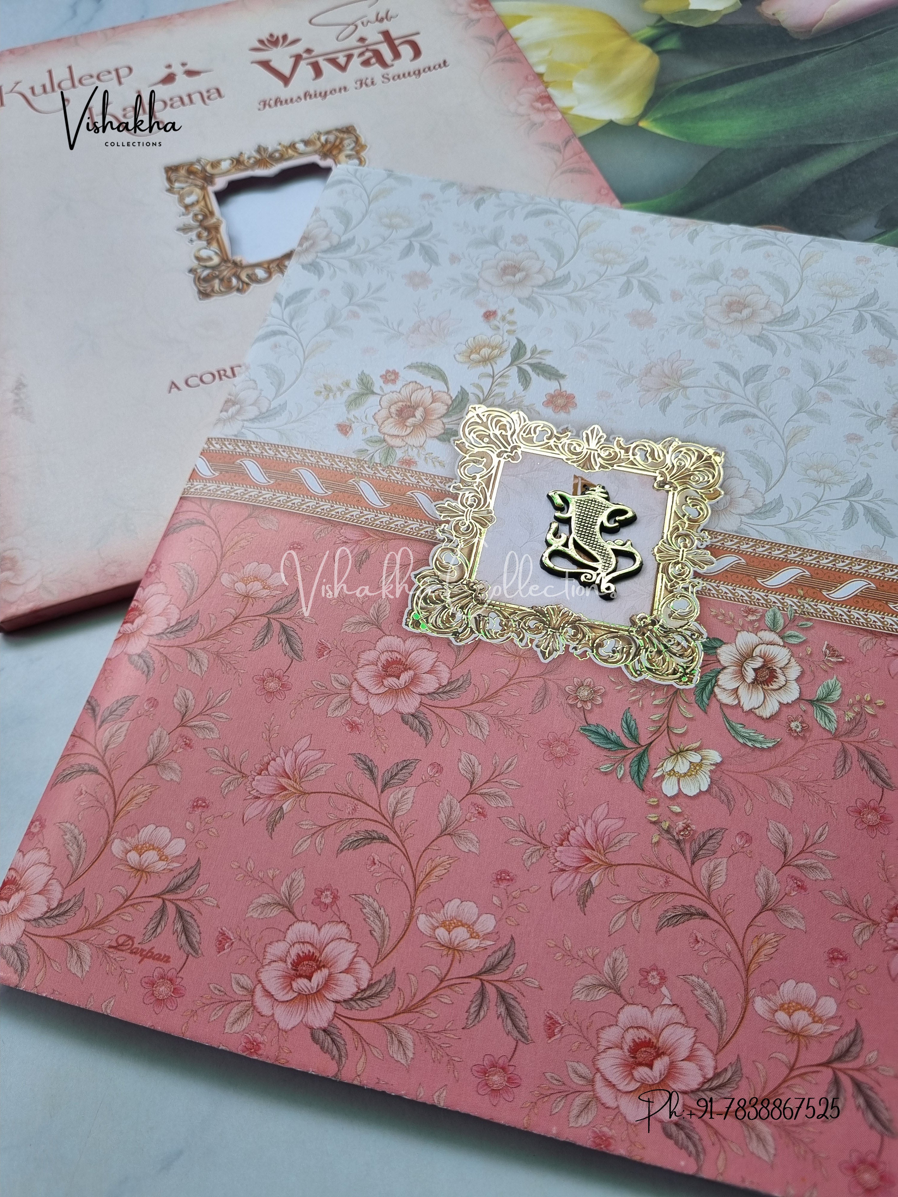 Semi Box Flower Hindu Muslim Christian Sikh Pink And White Colored invitation Cards NA-1125-133 - Image 2