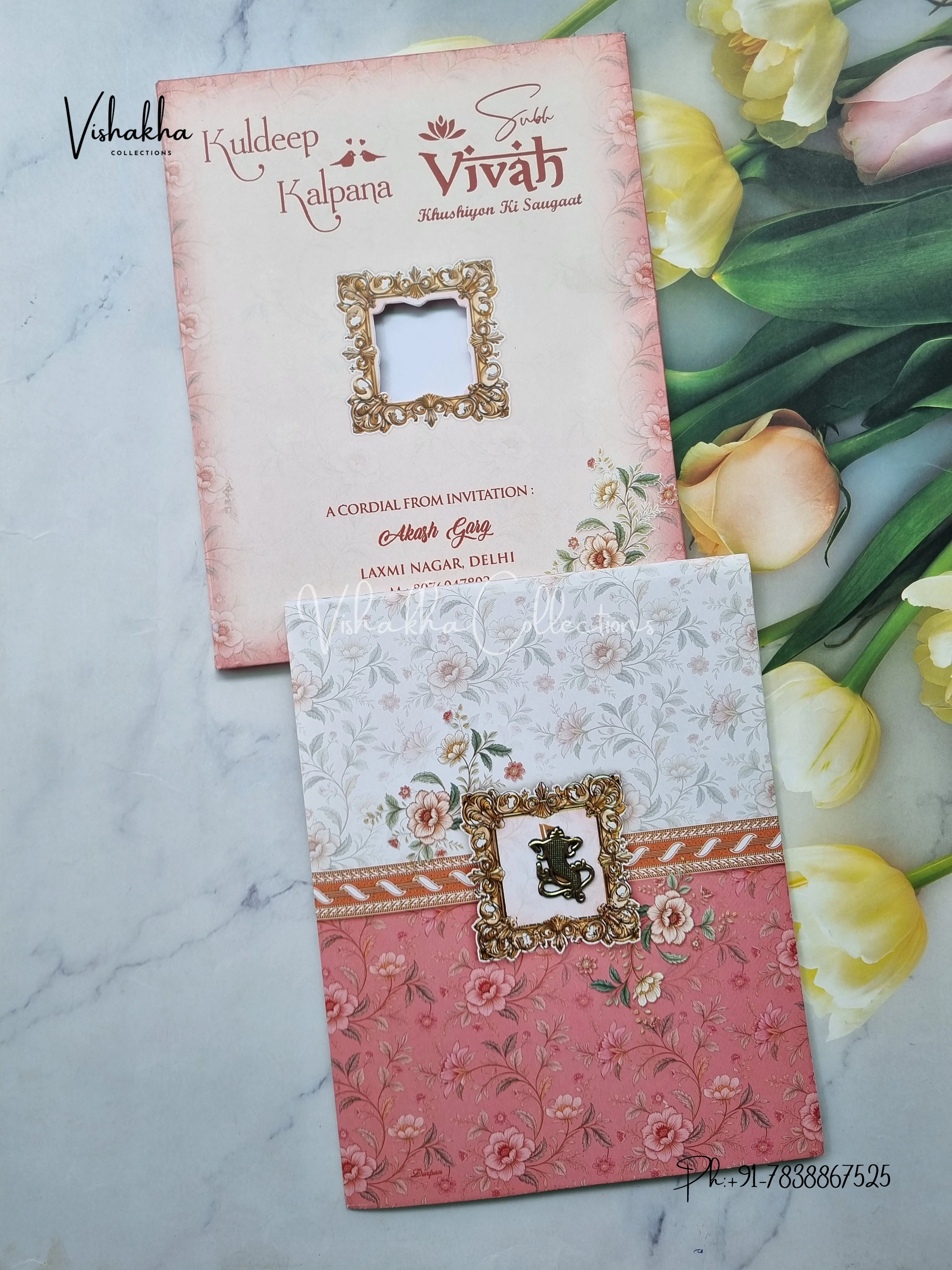 Semi Box Flower Hindu Muslim Christian Sikh Pink And White Colored invitation Cards NA-1125-133 - Image 3