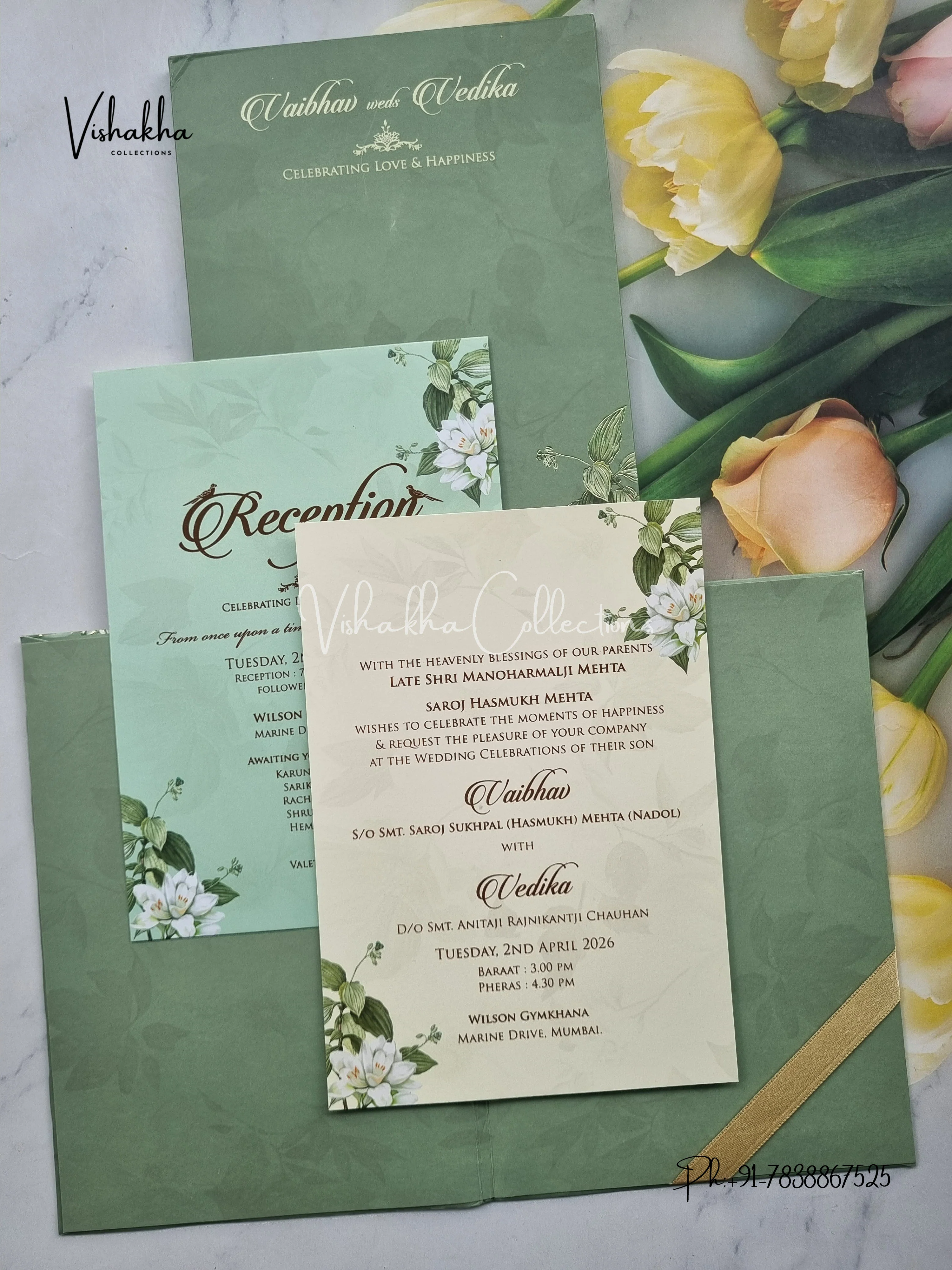 Semi Box Flower Hindu Muslim Christian Sikh pista green Colored invitation Cards SK-3374 - Image 3