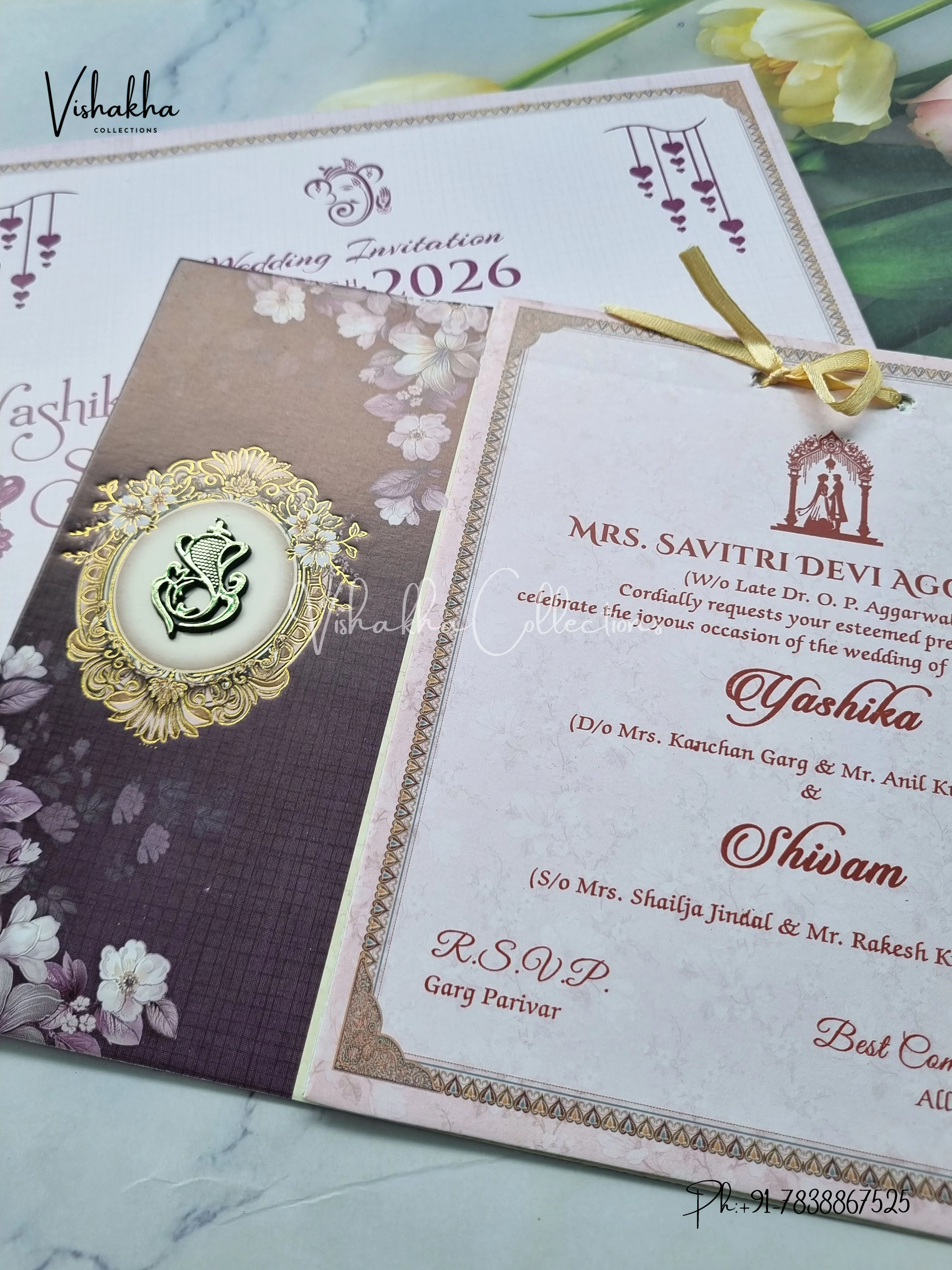 Semi Box Flower Hindu Muslim Christian Sikh Purple Colored invitation Cards NA-1125-79 - Image 2