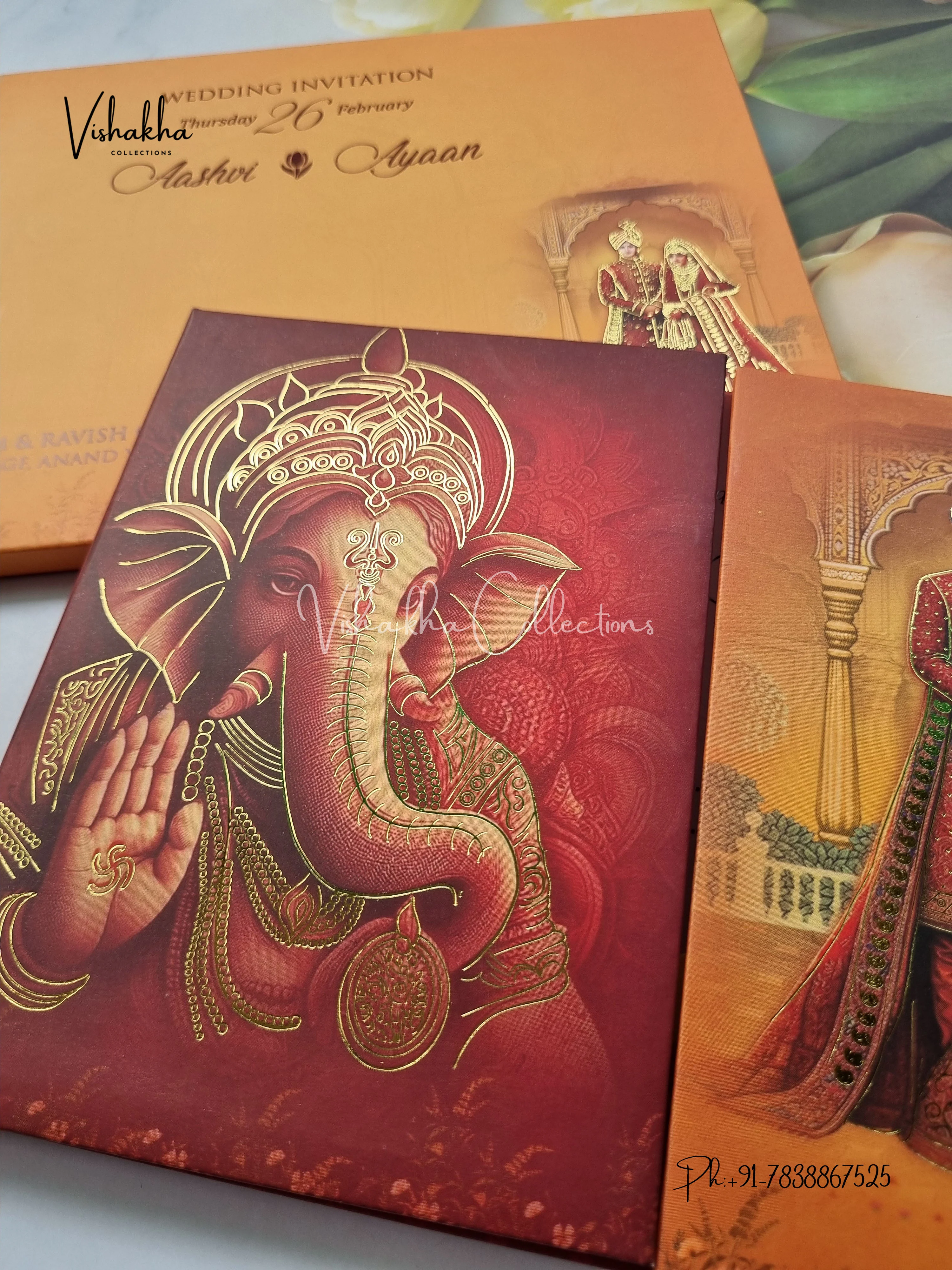 Semi Box Ganesh Ji Dulah Dulhan Double Door Hindu Sikh Padded invitation Cards EJ-5036 - Image 2