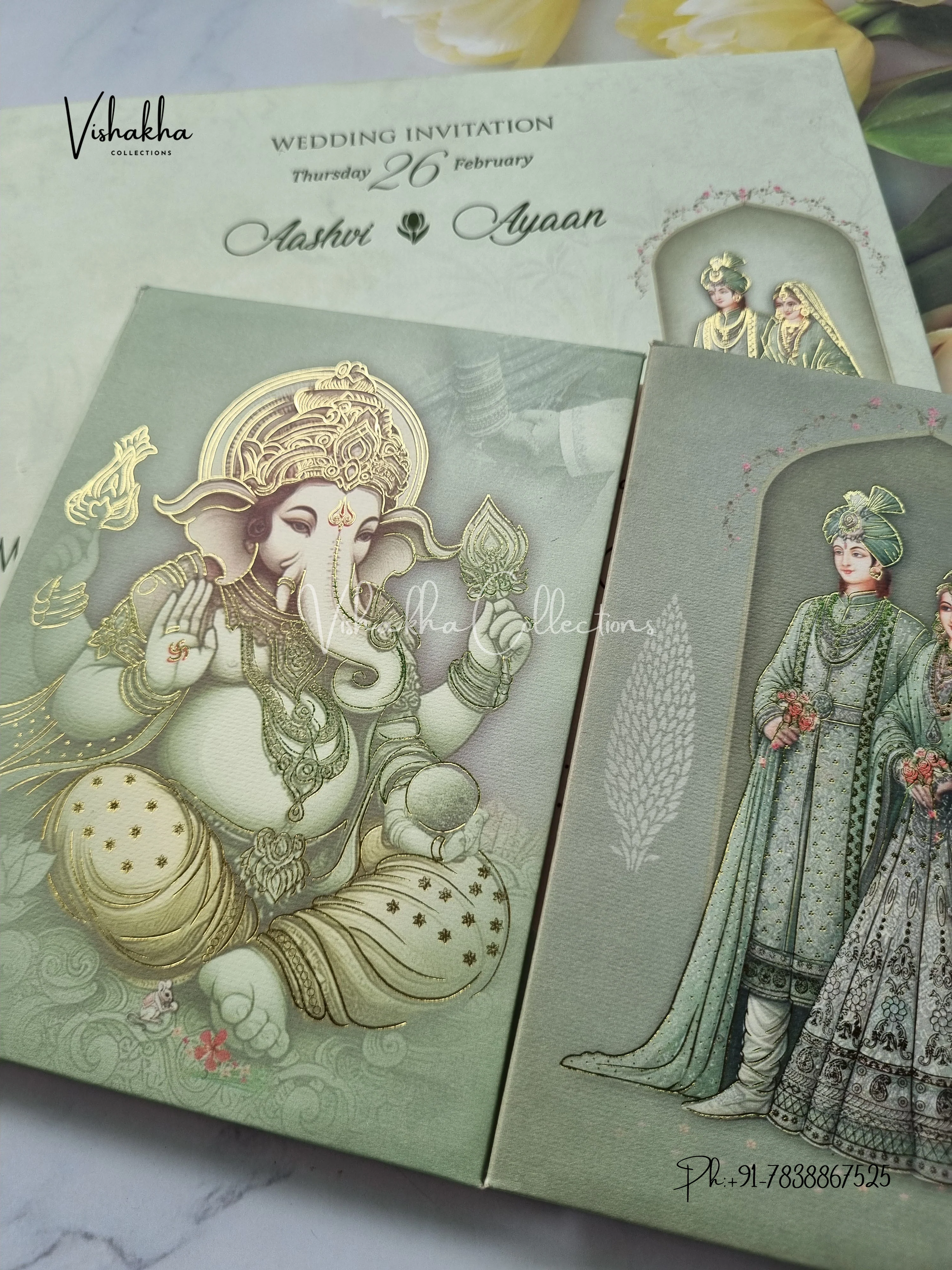 Semi Box Ganesh Ji Dulah Dulhan Double Door Hindu Sikh Padded invitation Cards EJ-5043 - Image 2