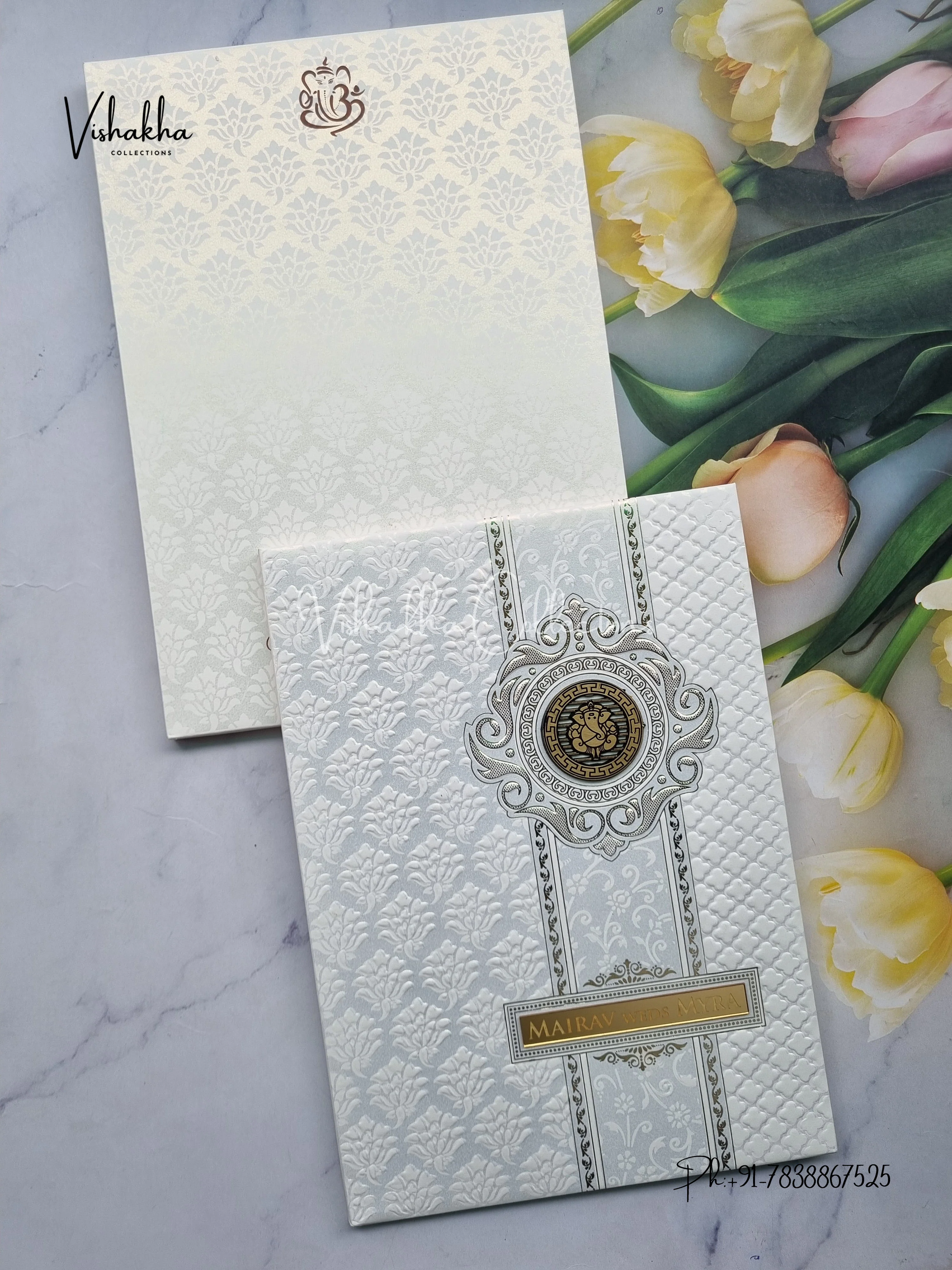 Semi Box Ganesh Ji Hindu Padded white Colored invitation Cards SK-3427