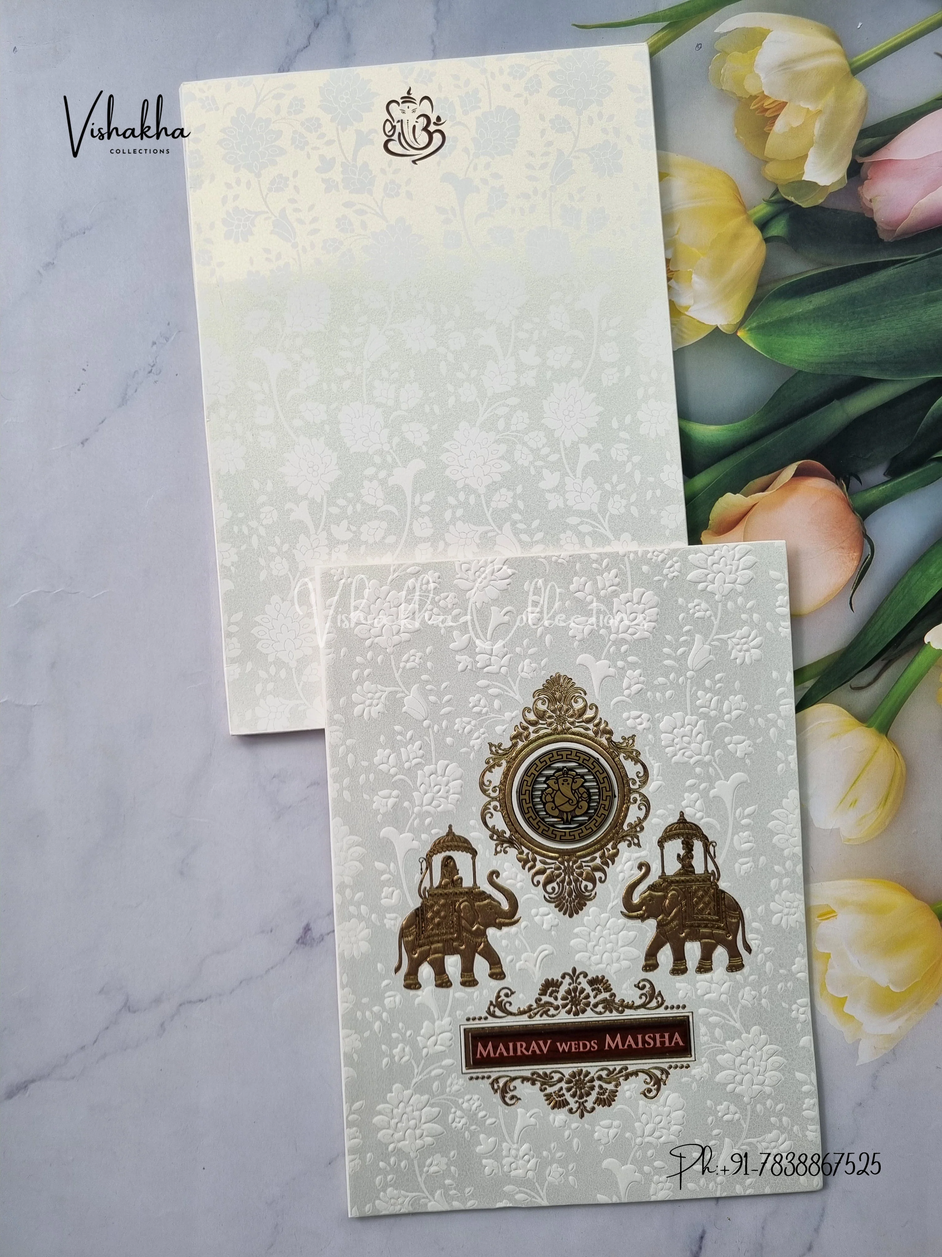 Semi Box Ganesh Ji Hindu white Colored invitation Cards SK-3498