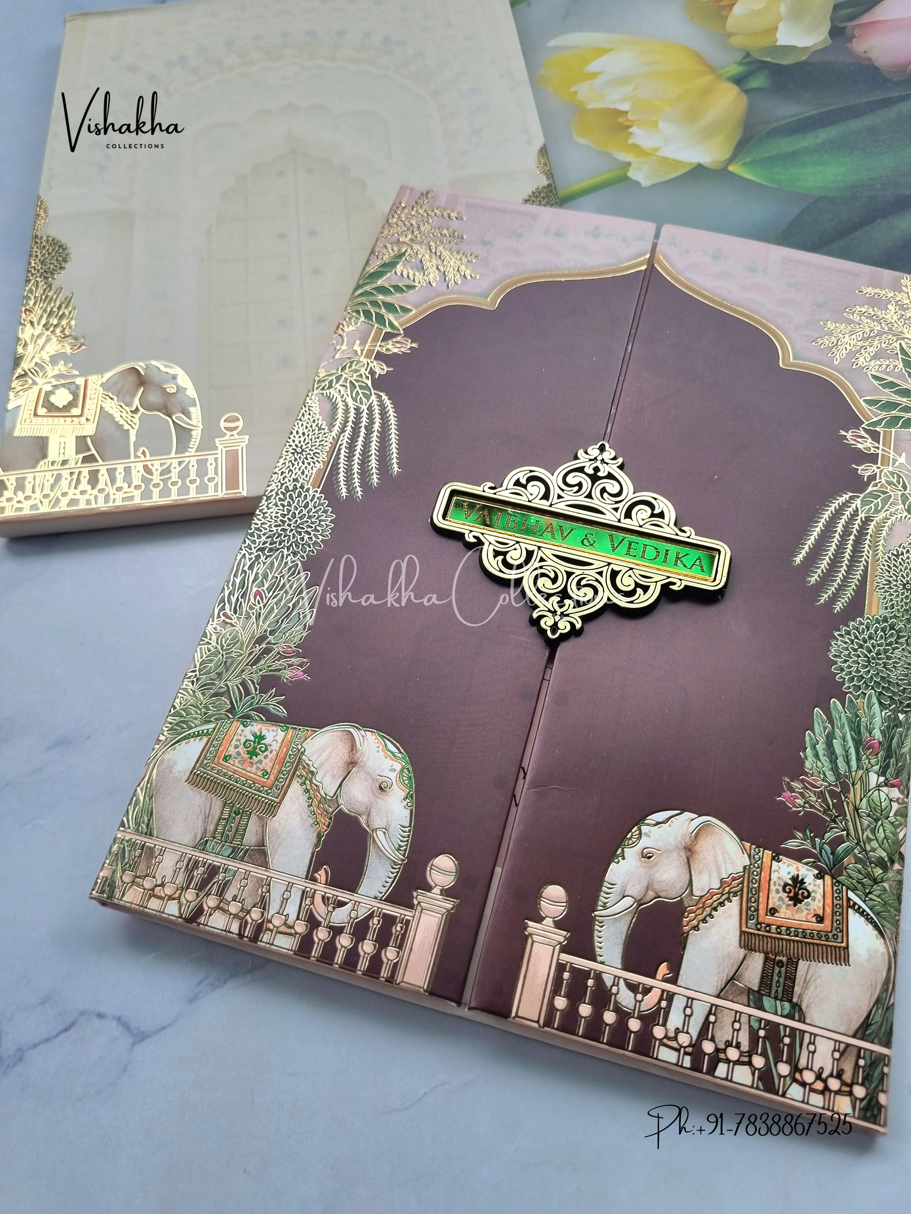Semi Box Hathi Flower Double Door Hindu Muslim Christian Sikh yellow Colored invitation Cards SK-3519 - Image 2