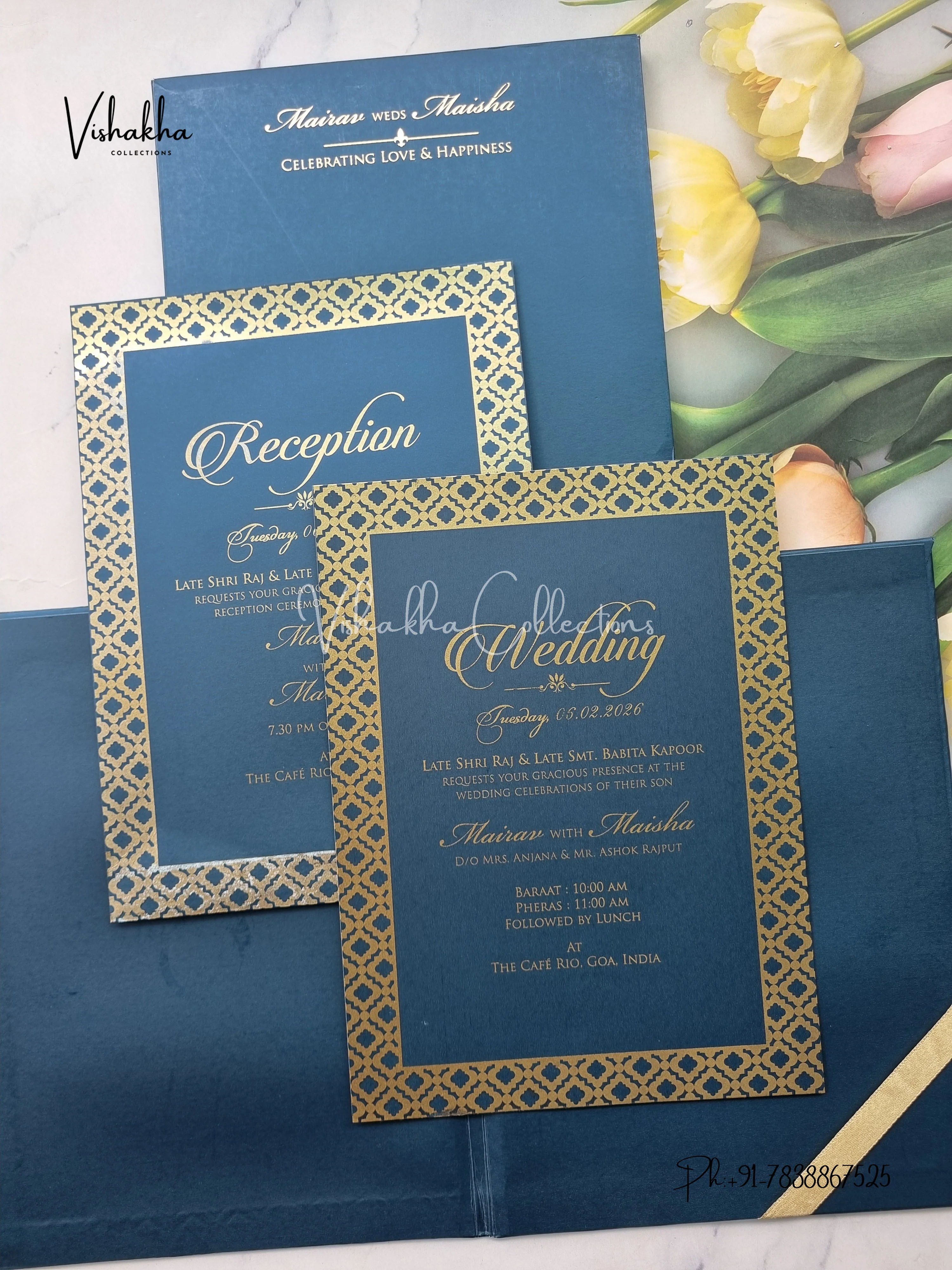 Semi Box Hindu Muslim Christian Sikh Padded royal blue Colored invitation Cards SK-3537 - Image 3