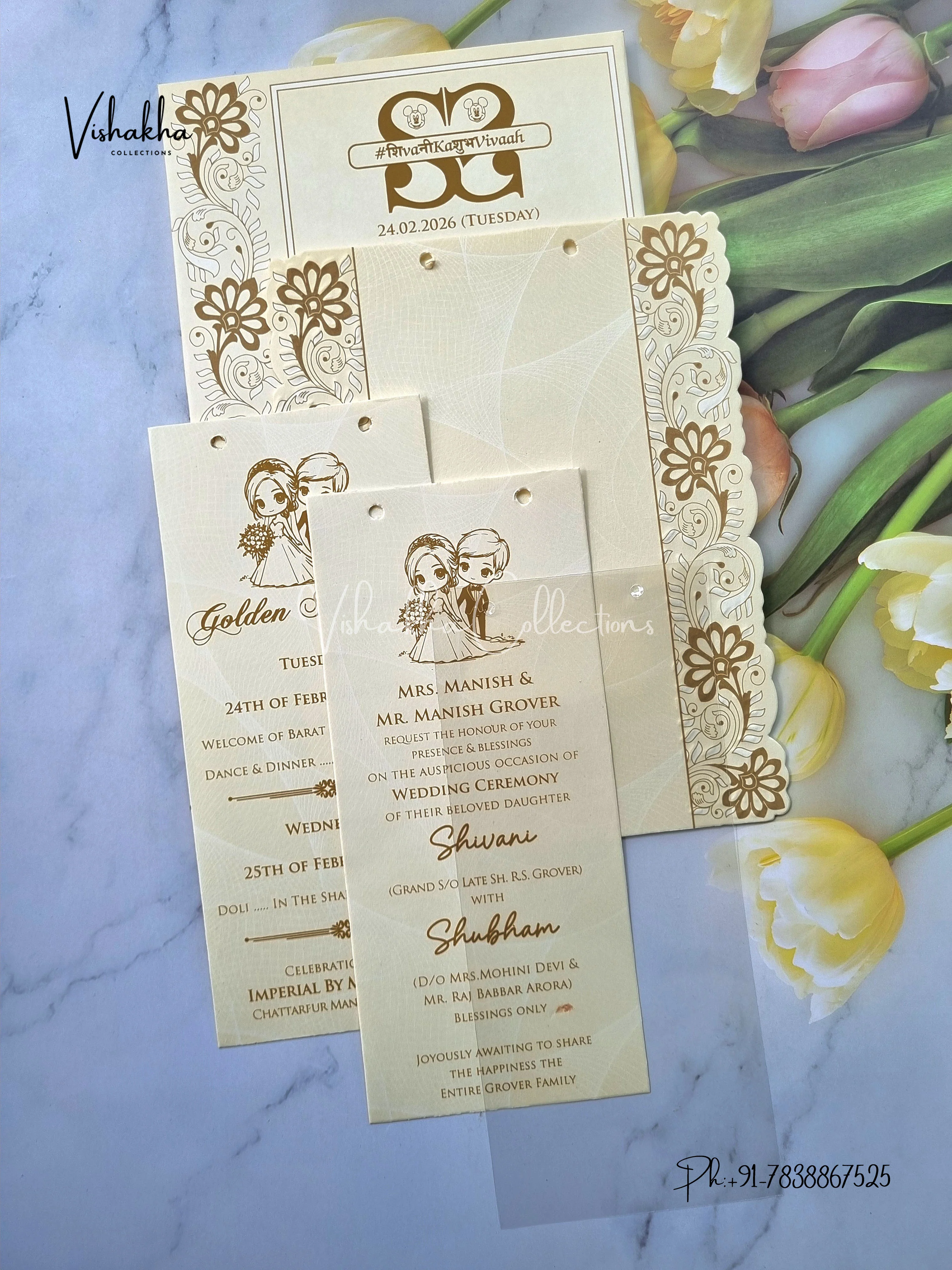 Semi Box White And golden Hindu Muslim Christian Sikh invitation Cards ATS-1720 - Image 3