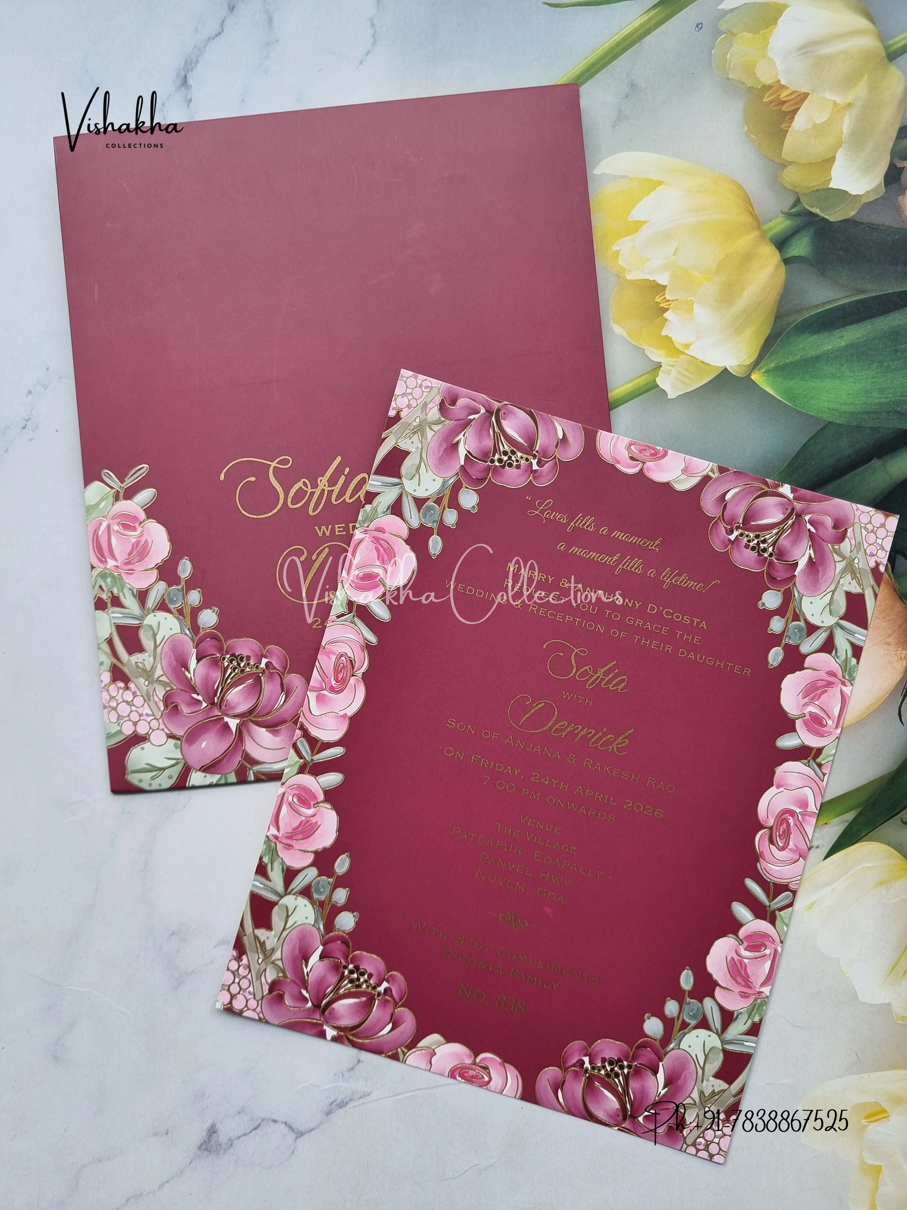Single Insert Flower Hindu Muslim Christian Sikh Colored invitation Cards LN-838 - Image 3