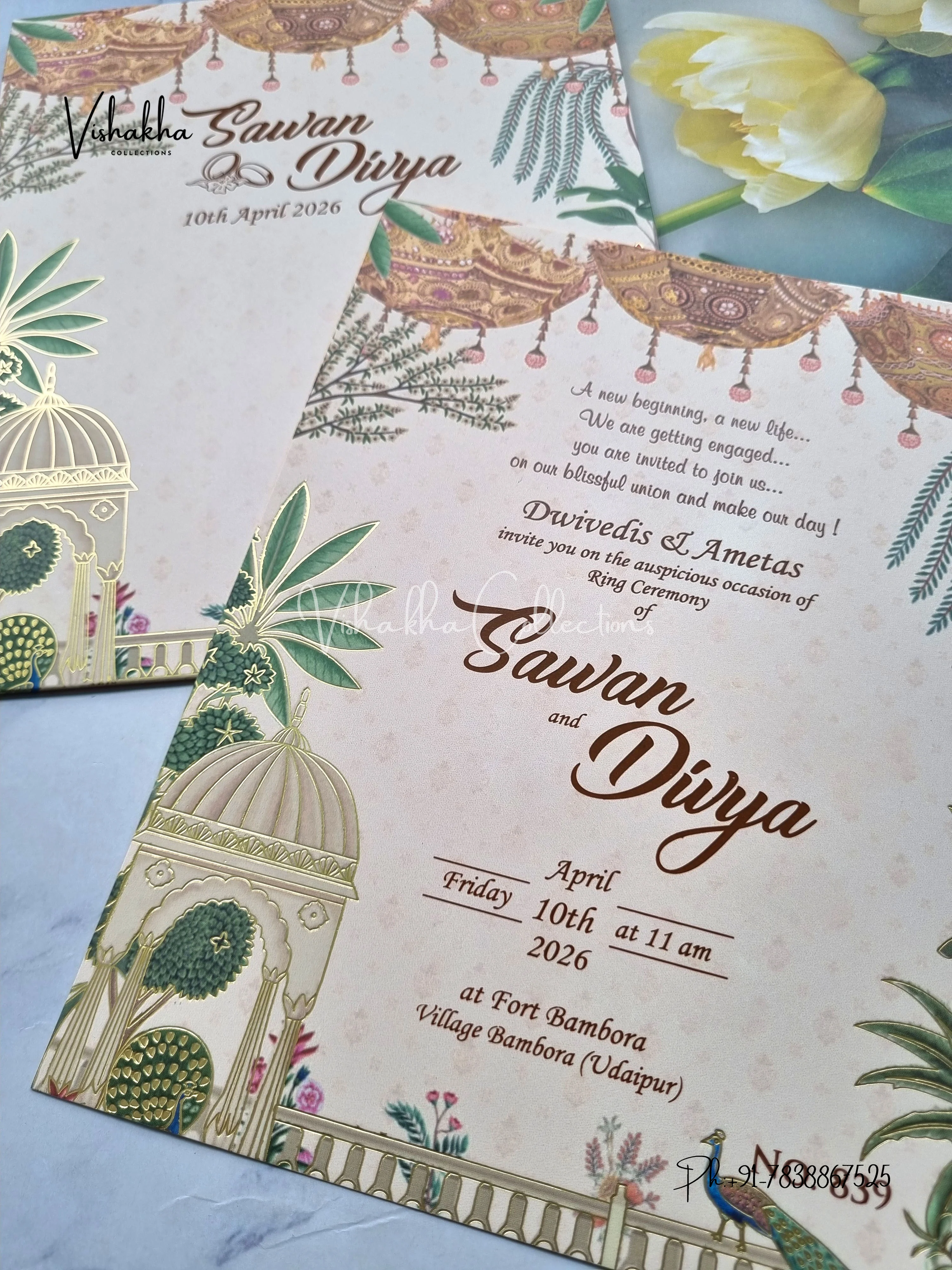 Single Insert Flower Hindu Muslim Christian Sikh Colored invitation Cards LN-839 - Image 2