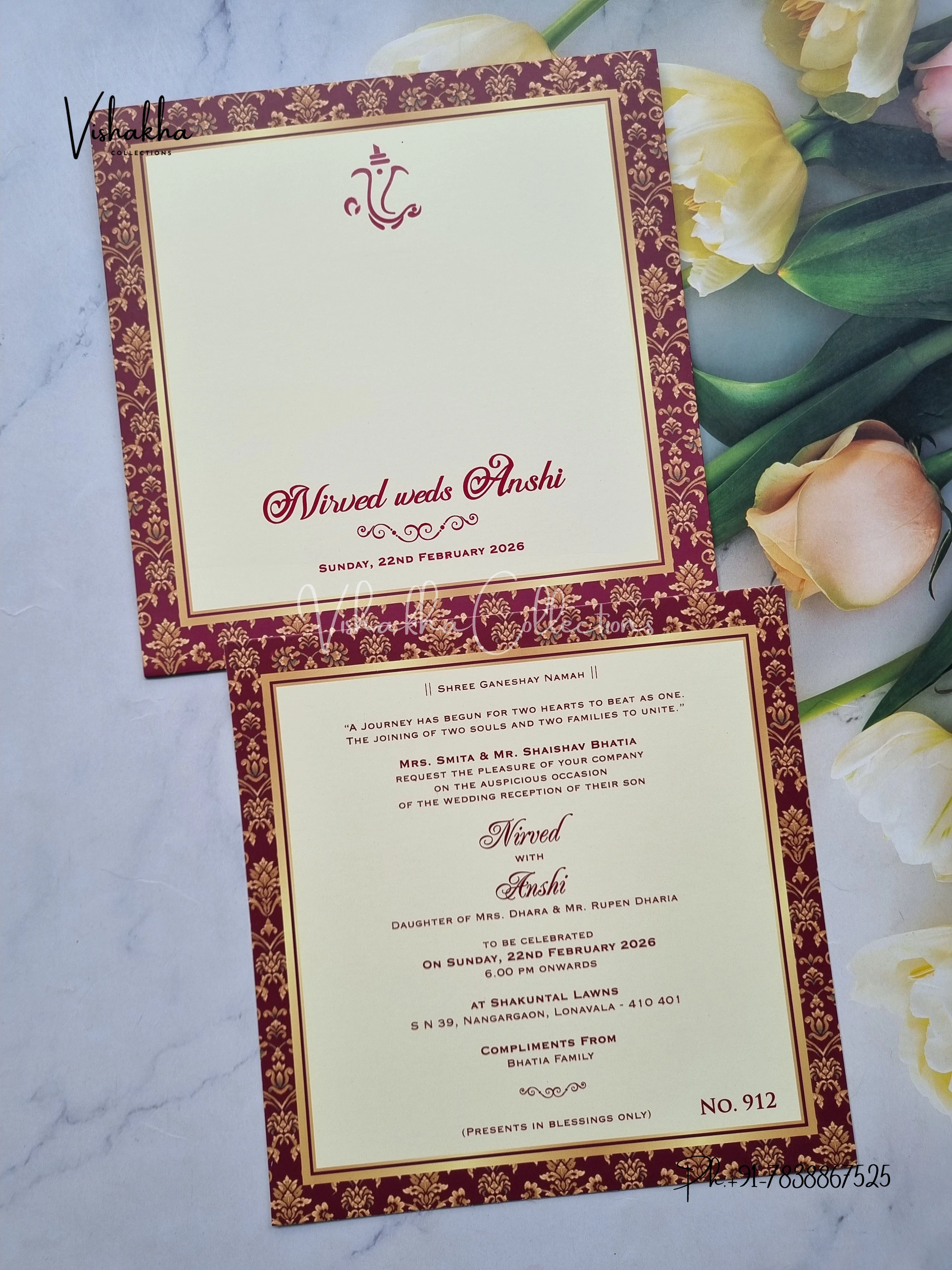 Single Insert Flower Hindu Muslim Christian Sikh Colored invitation Cards LN-912