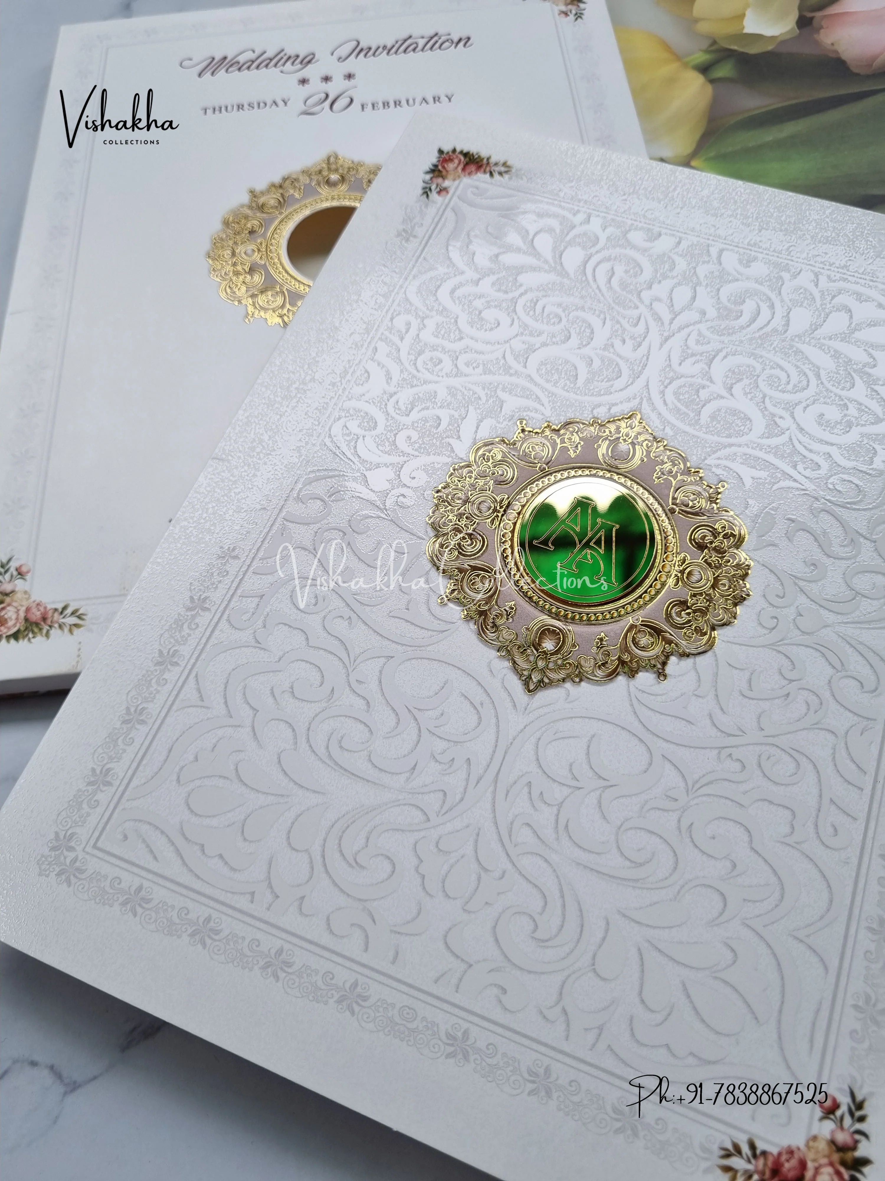 White And golden Hindu Muslim Christian Sikh invitation Cards EJ-5106 - Image 2
