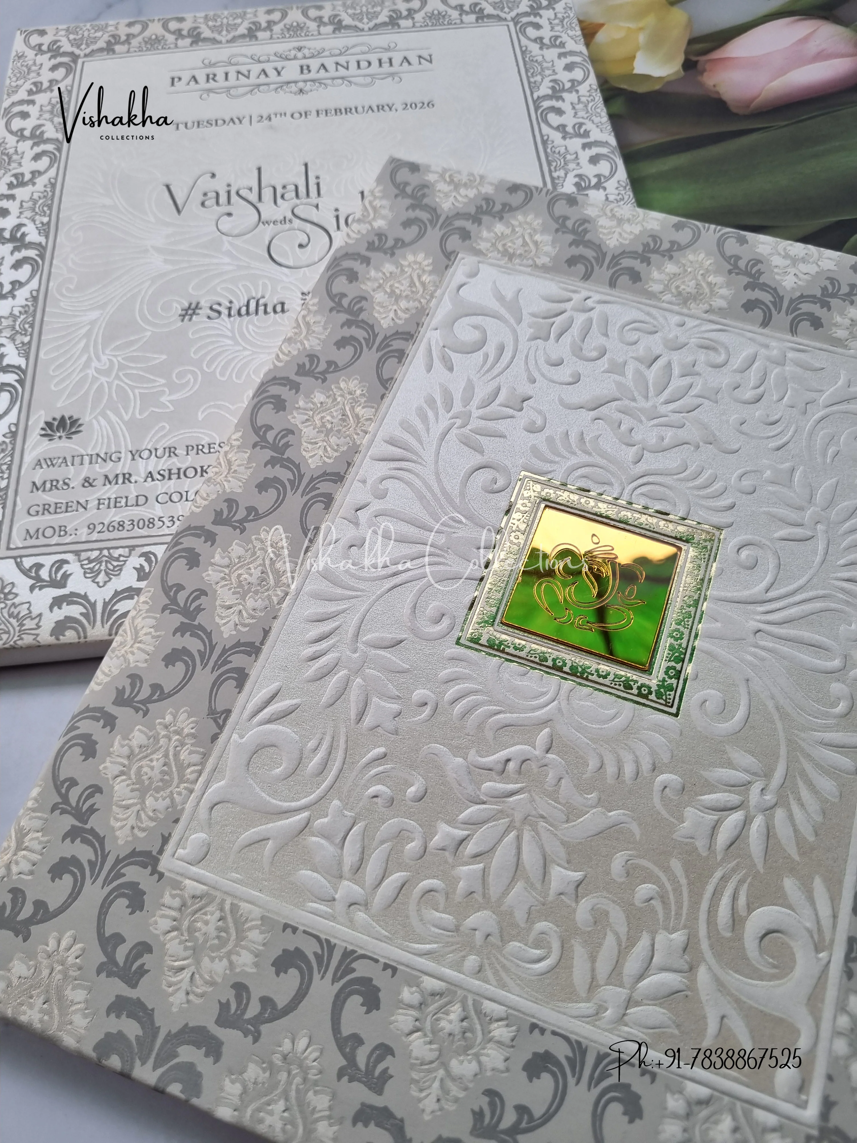 White And golden Hindu Muslim Christian Sikh Padded invitation Cards ATS-130P - Image 2
